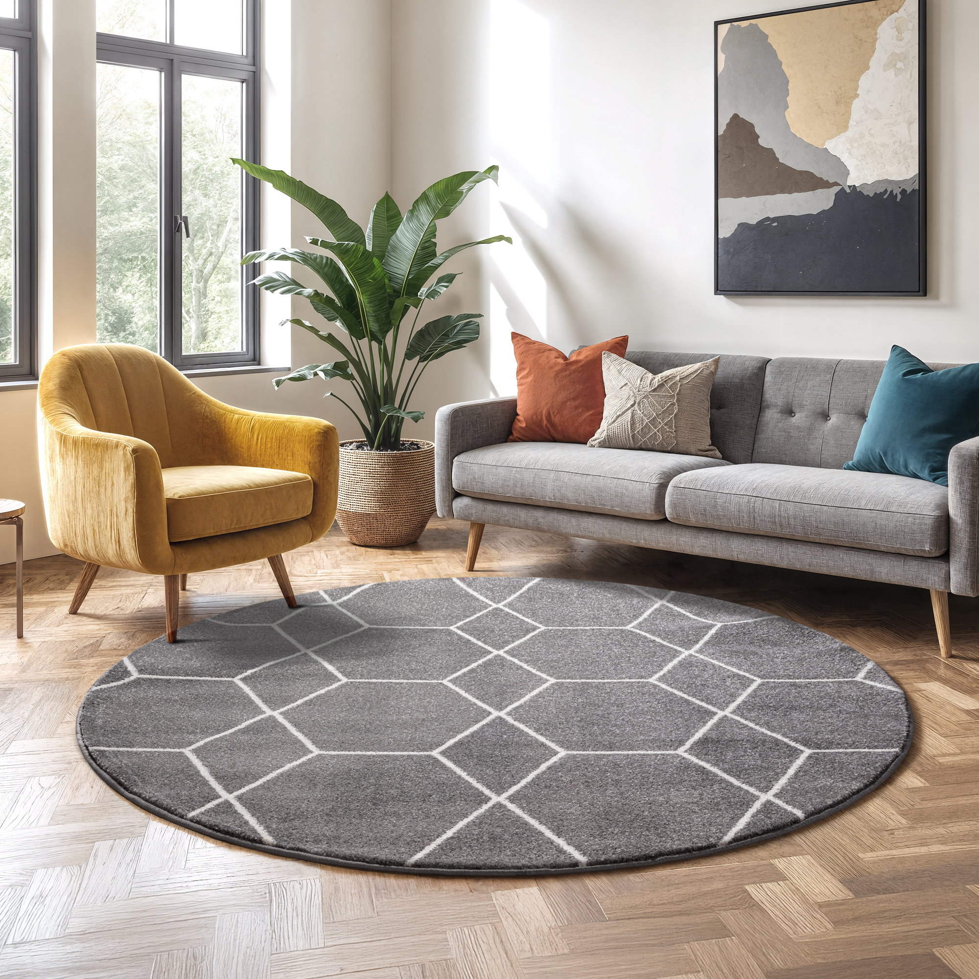 Trellis Uni Rond Laagpolig Vloerkleed Grijs