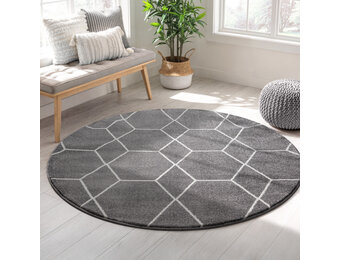 Trellis Uni Rond Effen Laagpolig Vloerkleed Modern Grijs