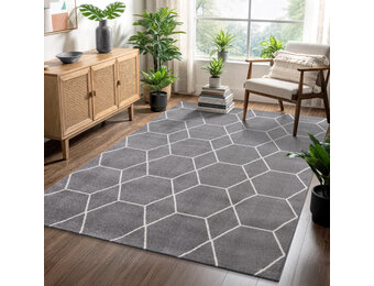 Trellis Uni Effen Laagpolig Vloerkleed Modern Grijs