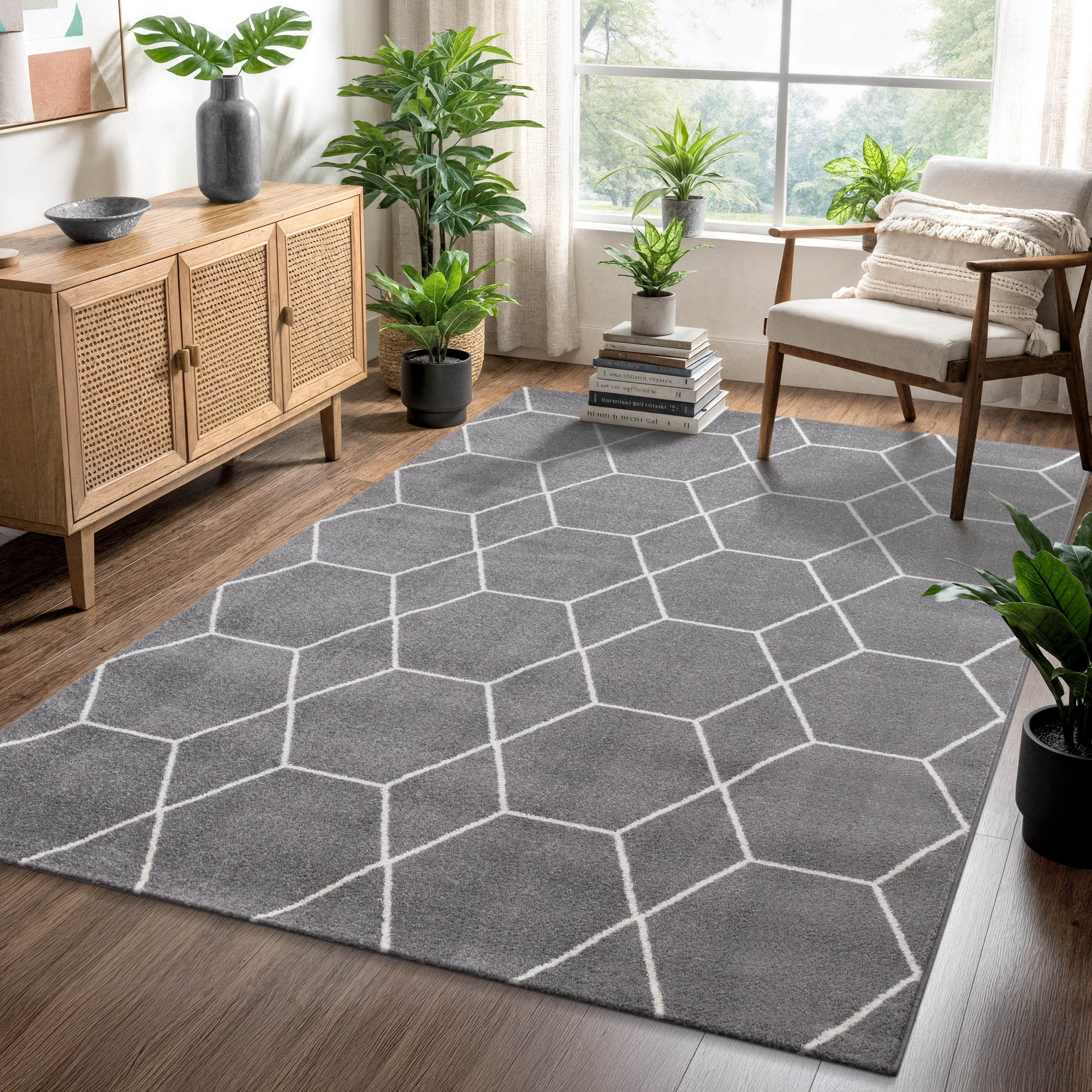 Trellis Uni Effen Laagpolig Vloerkleed Modern Grijs