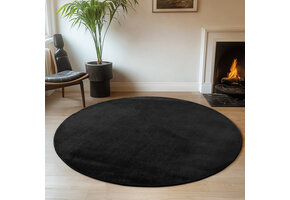 JOY Effen Soft Rond Vloerkleed – 100% Polyester – Anti-Slip - Zwart