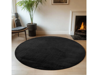 JOY Effen Soft Rond Vloerkleed – 100% Polyester – Anti-Slip - Zwart