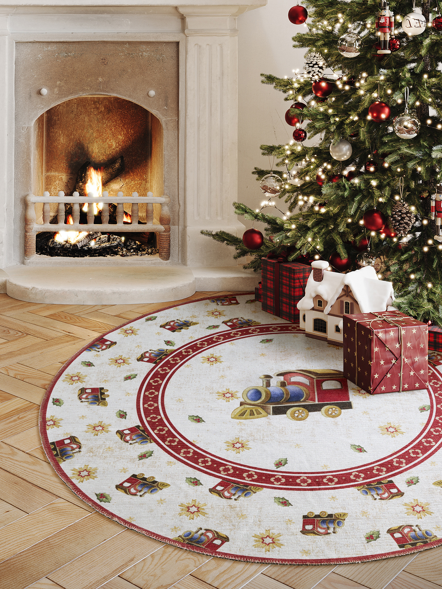 Villeroy & Boch Toy’s Delight Rond Vloerkleed Kersttrein Creme Rood