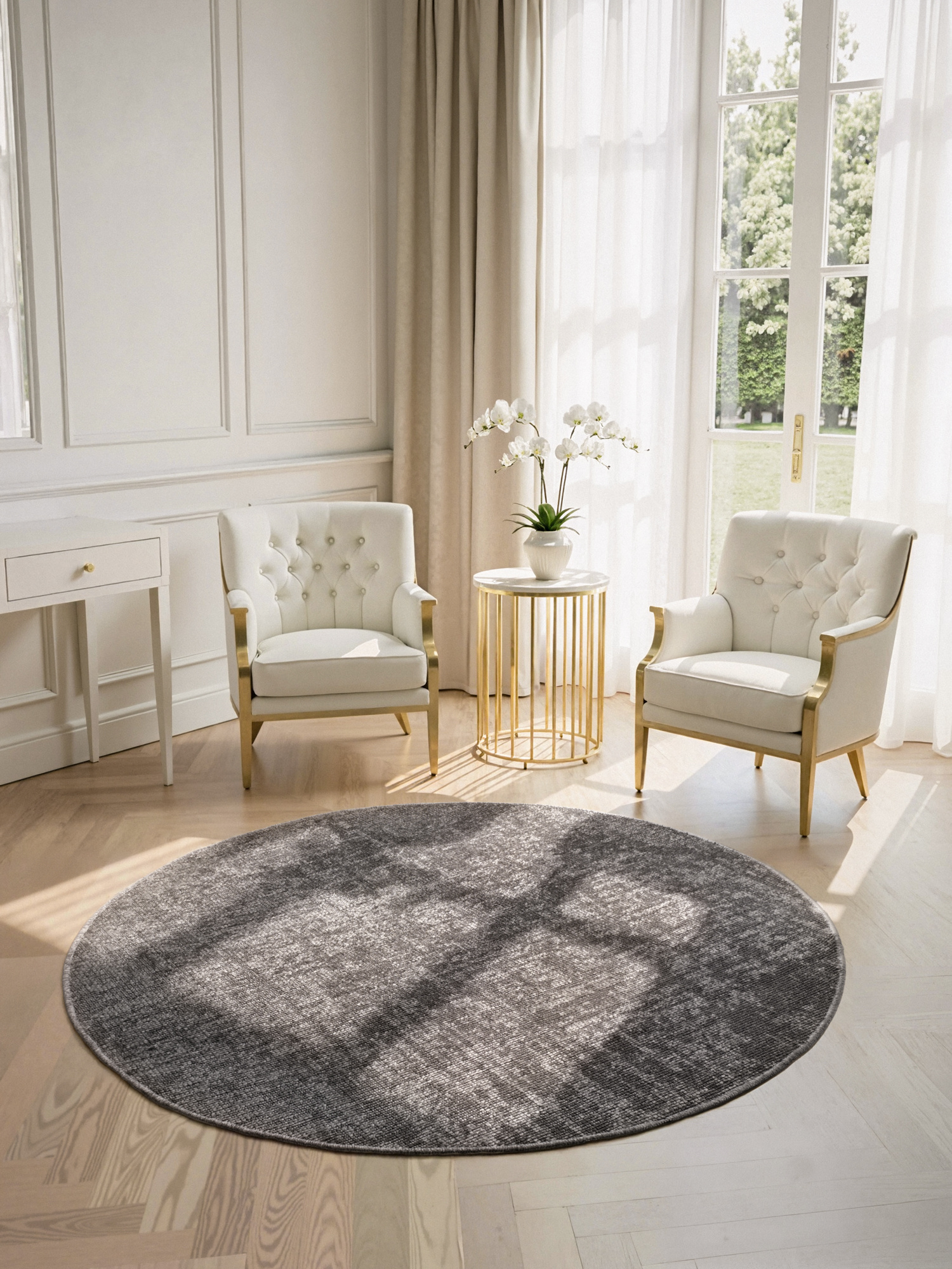 Elle Decoration Brilliance Rond Laagpolig Vloerkleed Zilver Grijs