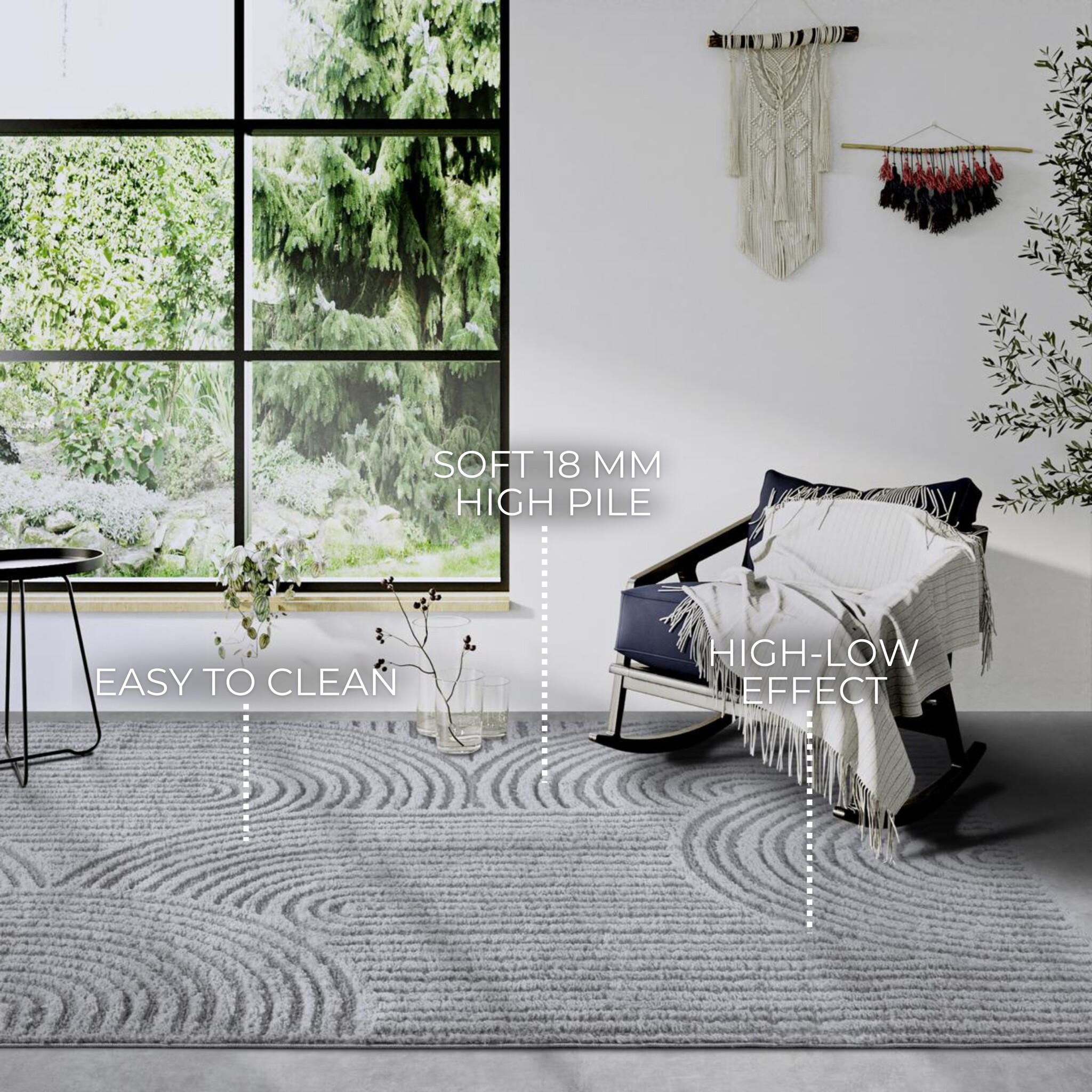 Elle Decoration Japandi Hoogpolig Vloerkleed  Grijs