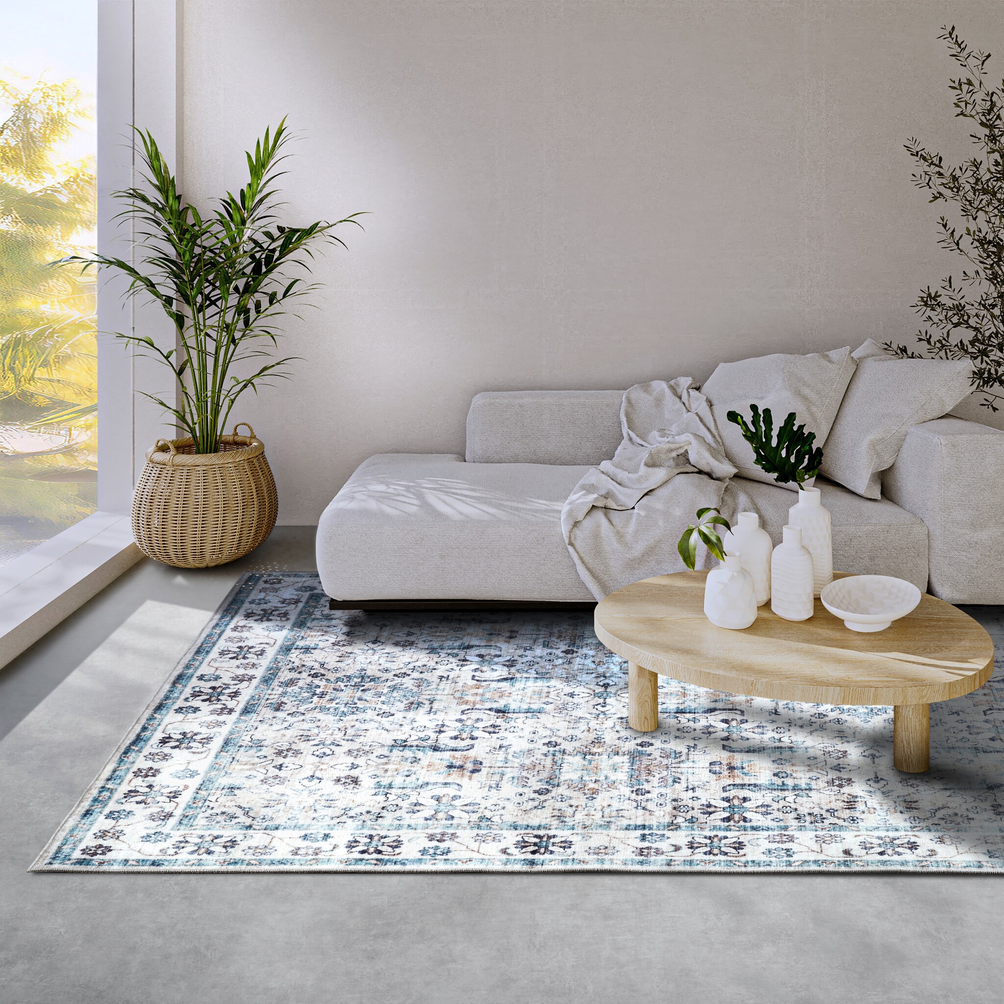 Elle Decoration Saveh Laagpolig Vloerkleed Creme Blauw