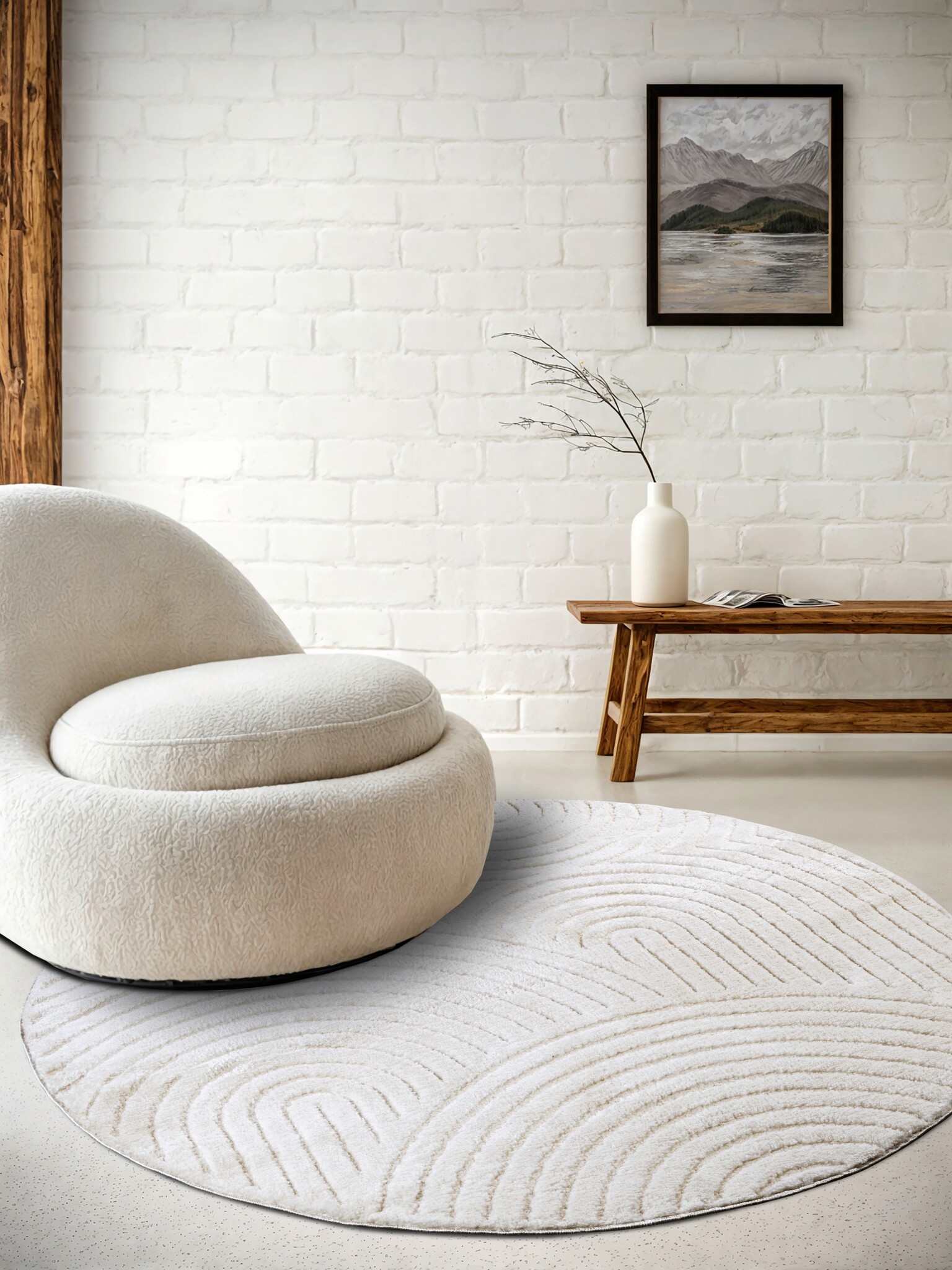 Elle Decoration New York Japandi Rond Vloerkleed Wit