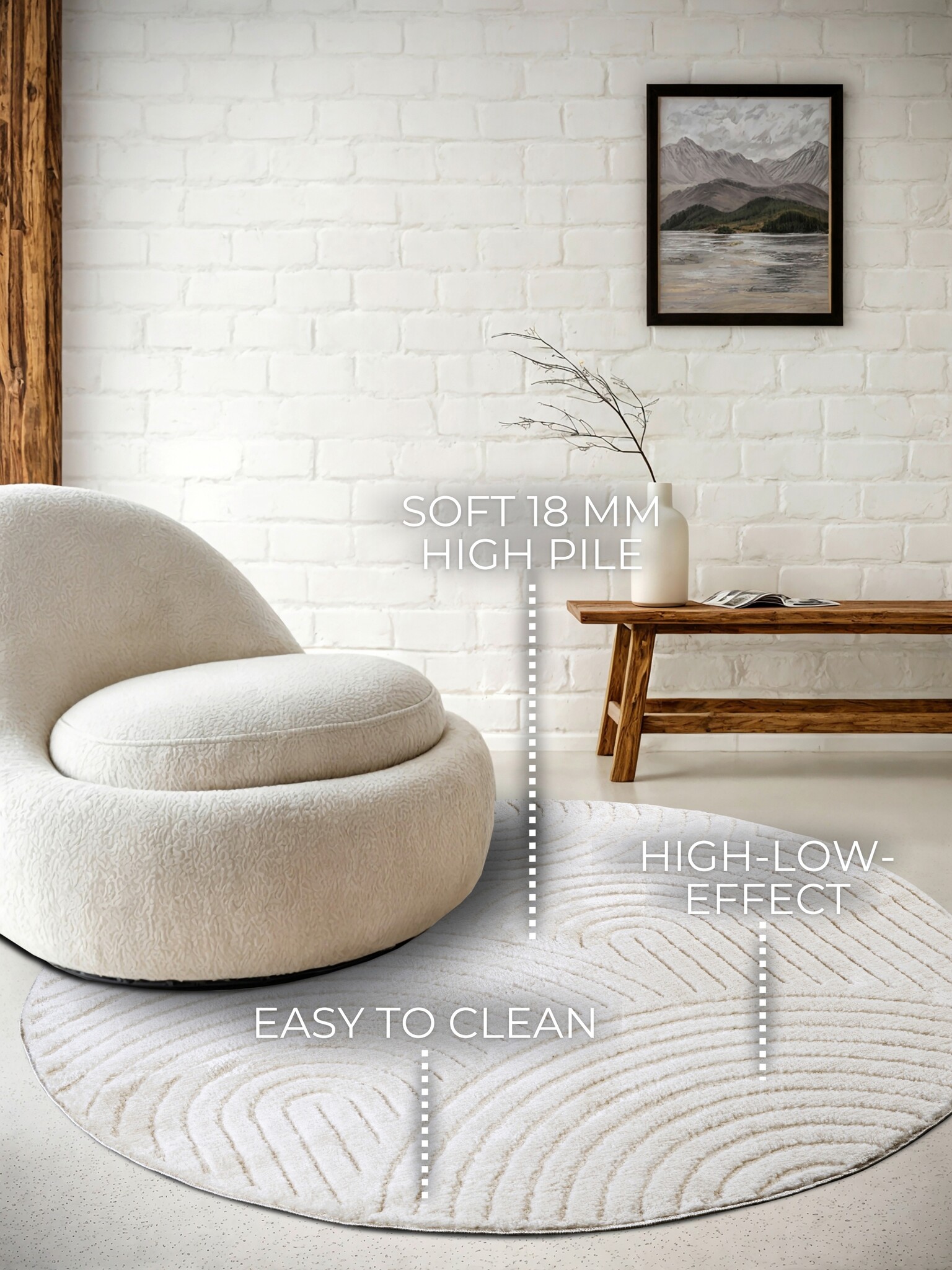 Elle Decoration New York Japandi Rond Vloerkleed Wit