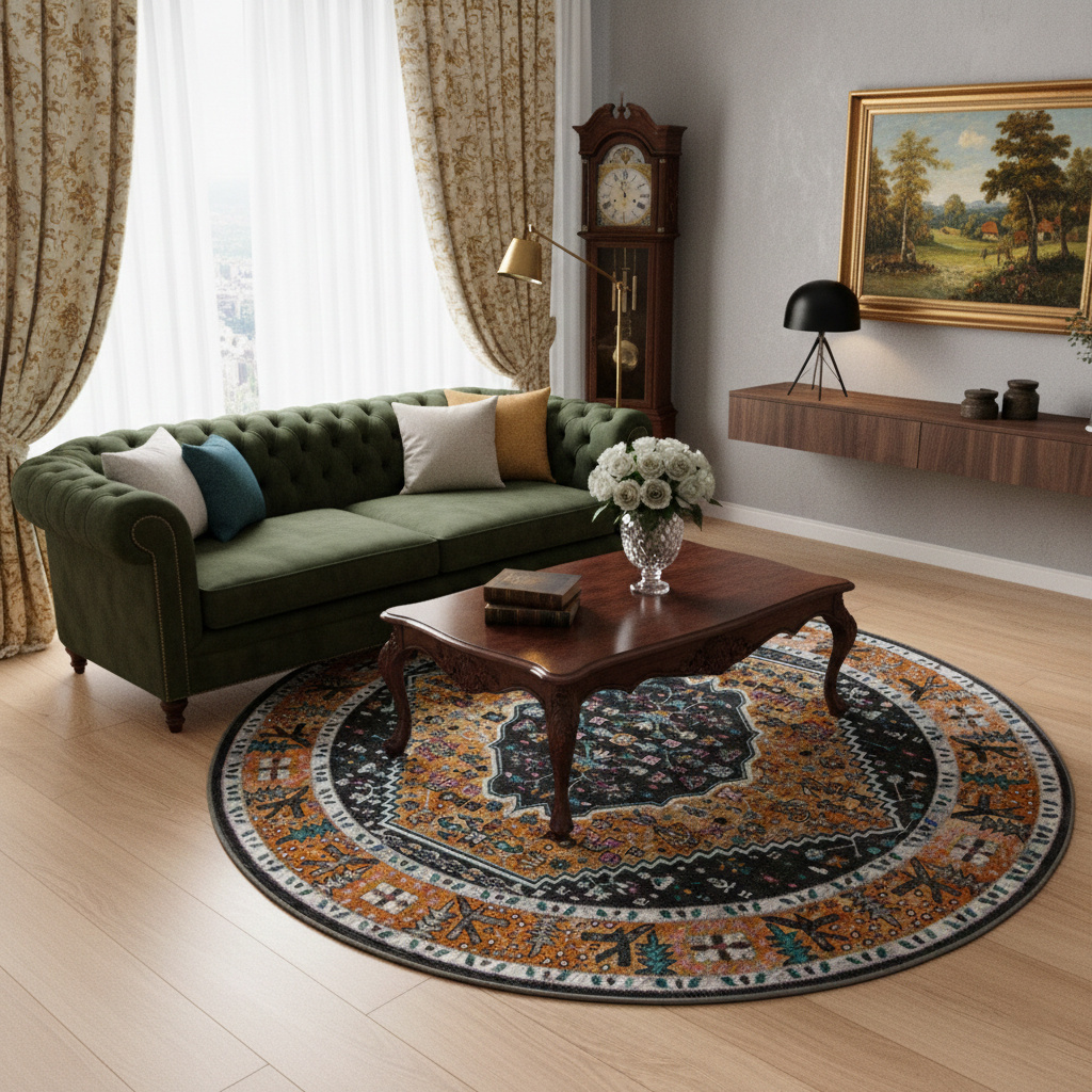 Picasso Paloma Rond Vintage Vloerkleed - Multi / Geel - Laagpolig