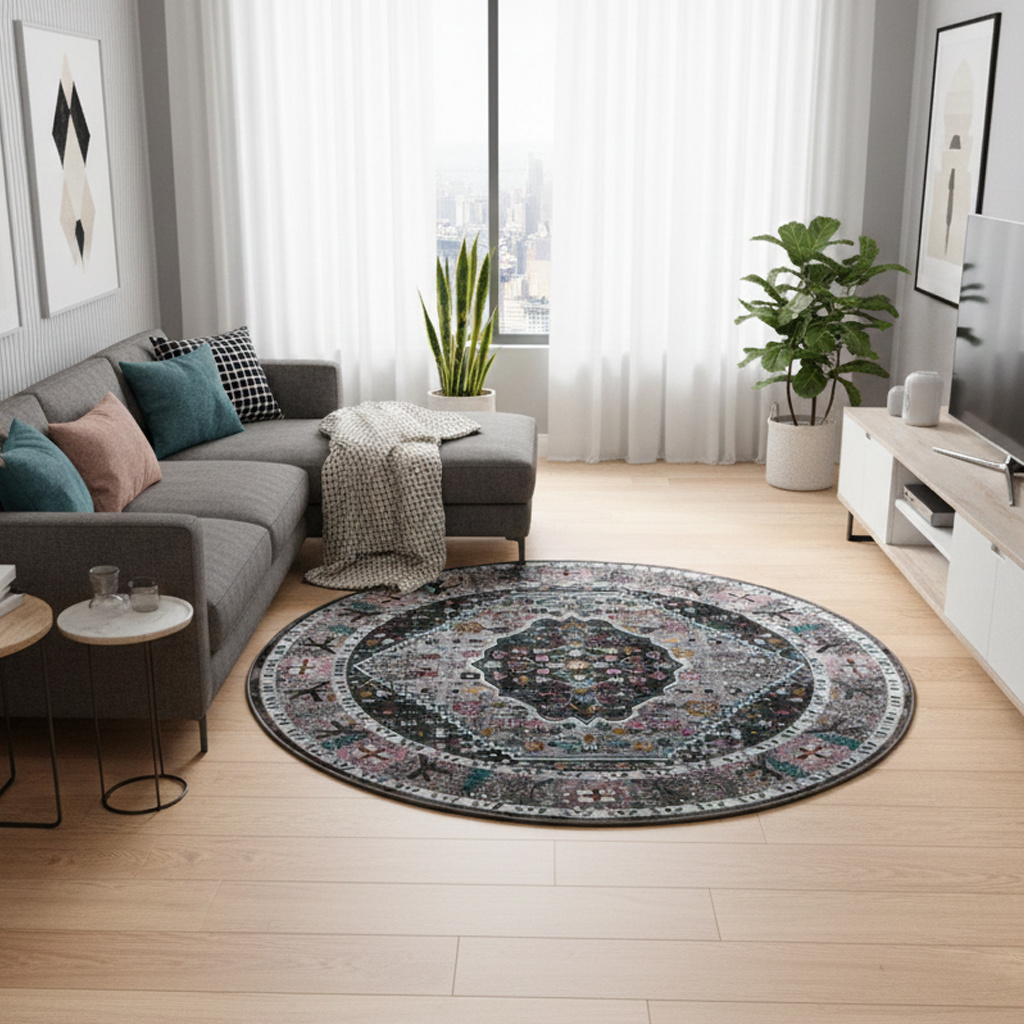 Picasso Paloma Rond Vintage Vloerkleed - Grijs - Laagpolig