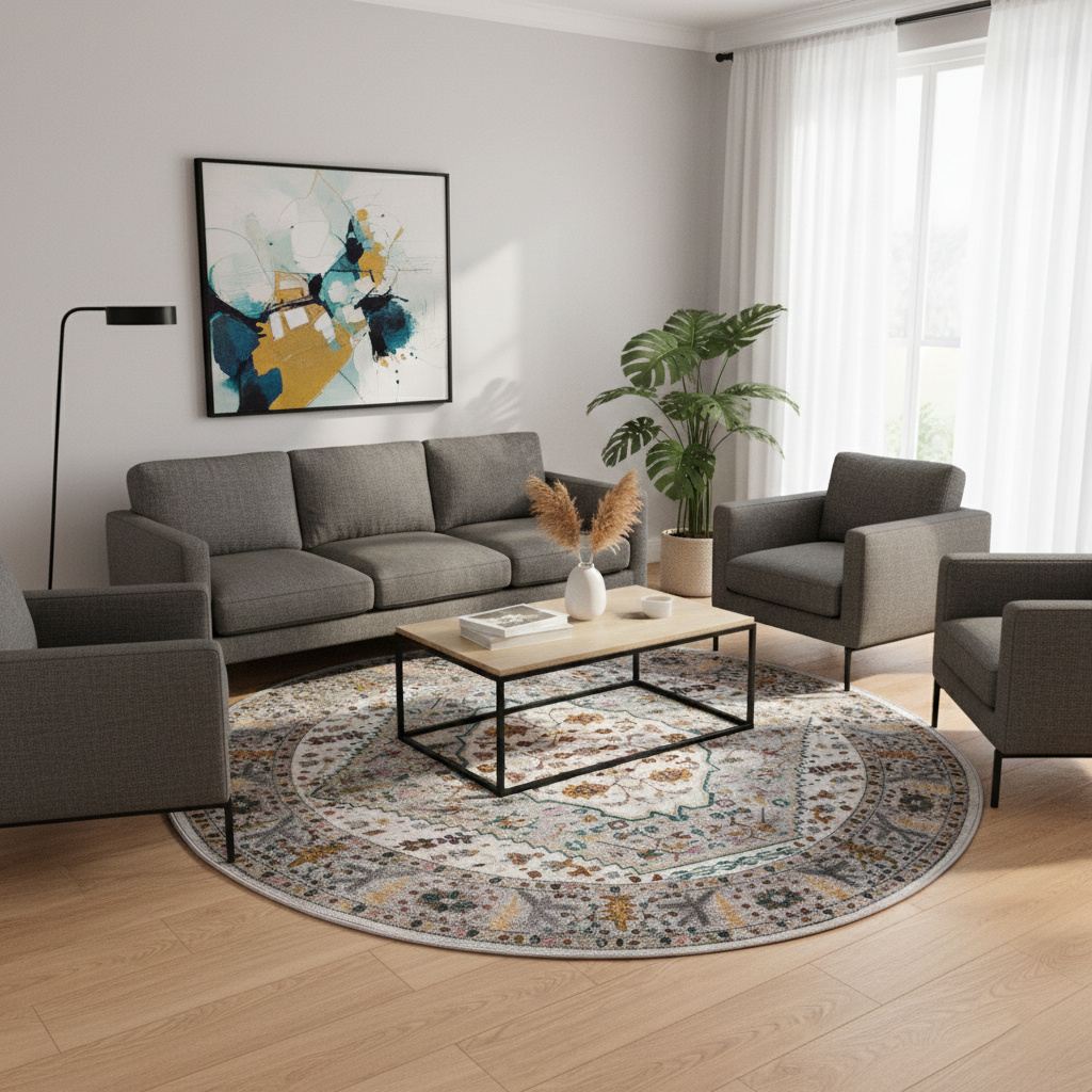 Picasso Bellagio Rond Vintage Vloerkleed - Multi / Creme - Laagpolig