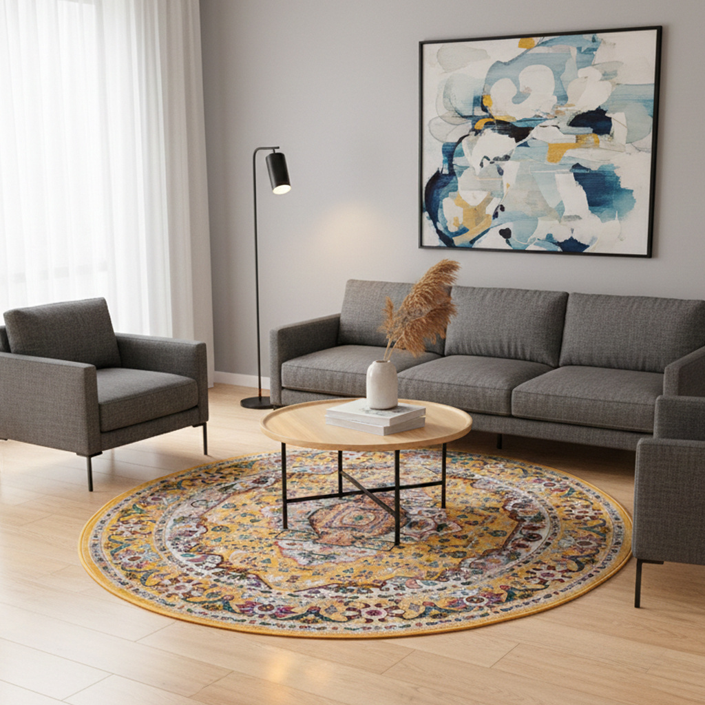 Picasso Sedona Rond Vintage Vloerkleed - Multi / Geel - Laagpolig