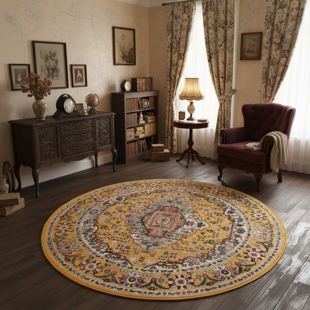 Picasso Sedona Rond Vintage Vloerkleed - Multi / Geel - Laagpolig