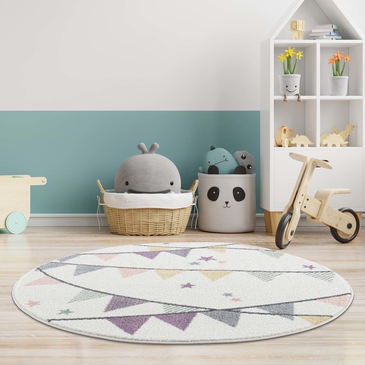 Anime Kids Rond Vloerkleed Kinderkamer Creme Multi