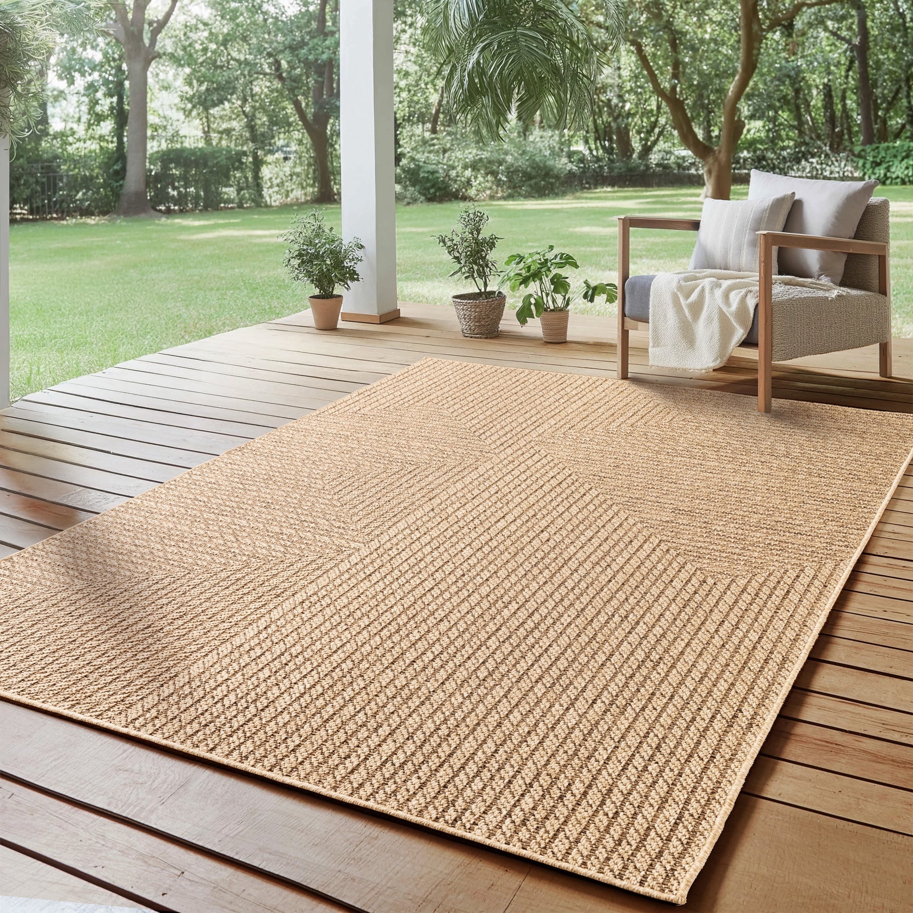 Timber Style Buitenkleed – Indoor & Outdoor, Jute-Look Vloerkleed, Weerbestendig, Tuin, Balkonkleed - Beige