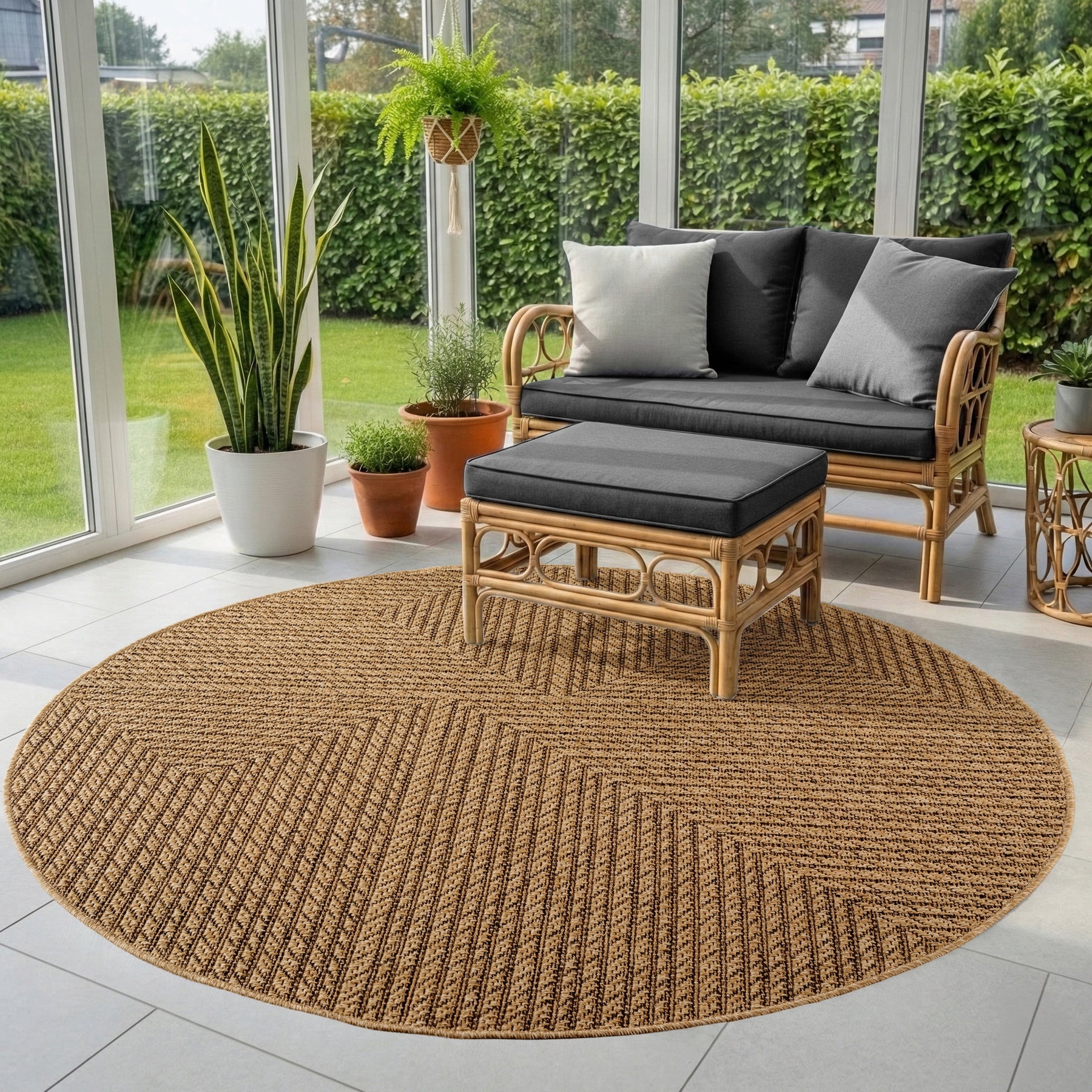 Timber Japandi Rond Buitenkleed – Jute Look – Weerbestendig – Beige