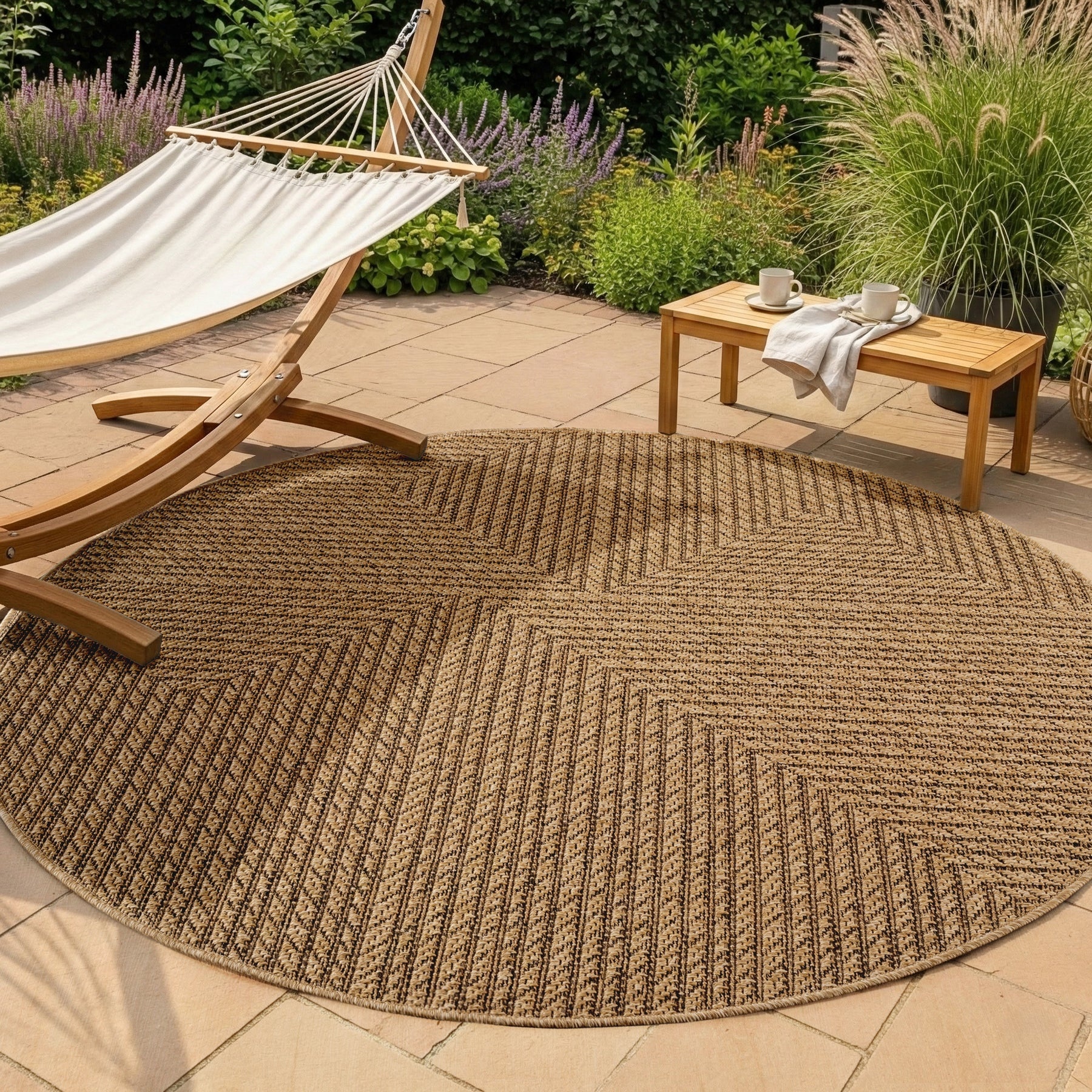 Timber Japandi Rond Buitenkleed – Jute Look – Weerbestendig – Beige