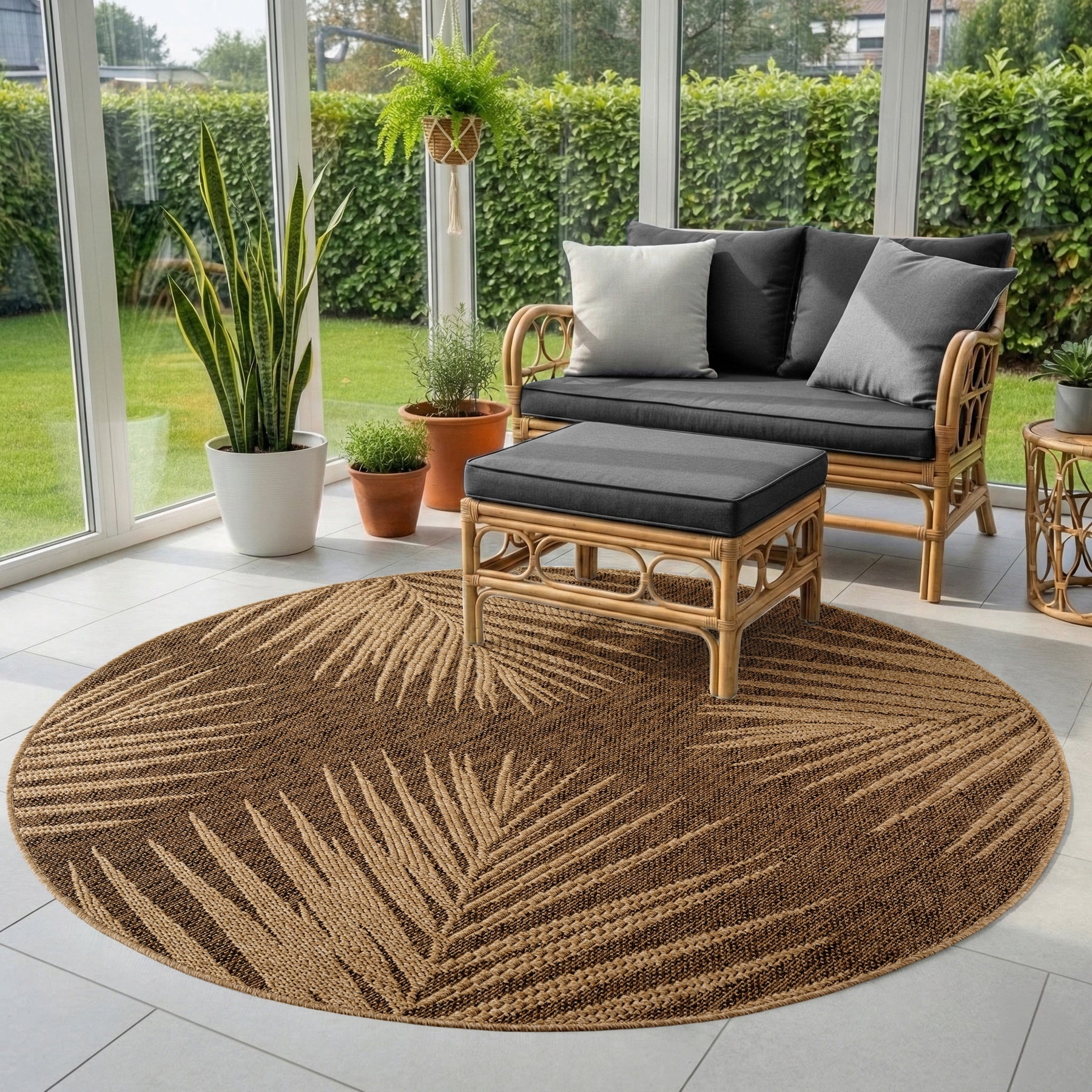 Timber Floral Rond Buitenkleed – Jute Look – Weerbestendig – Beige
