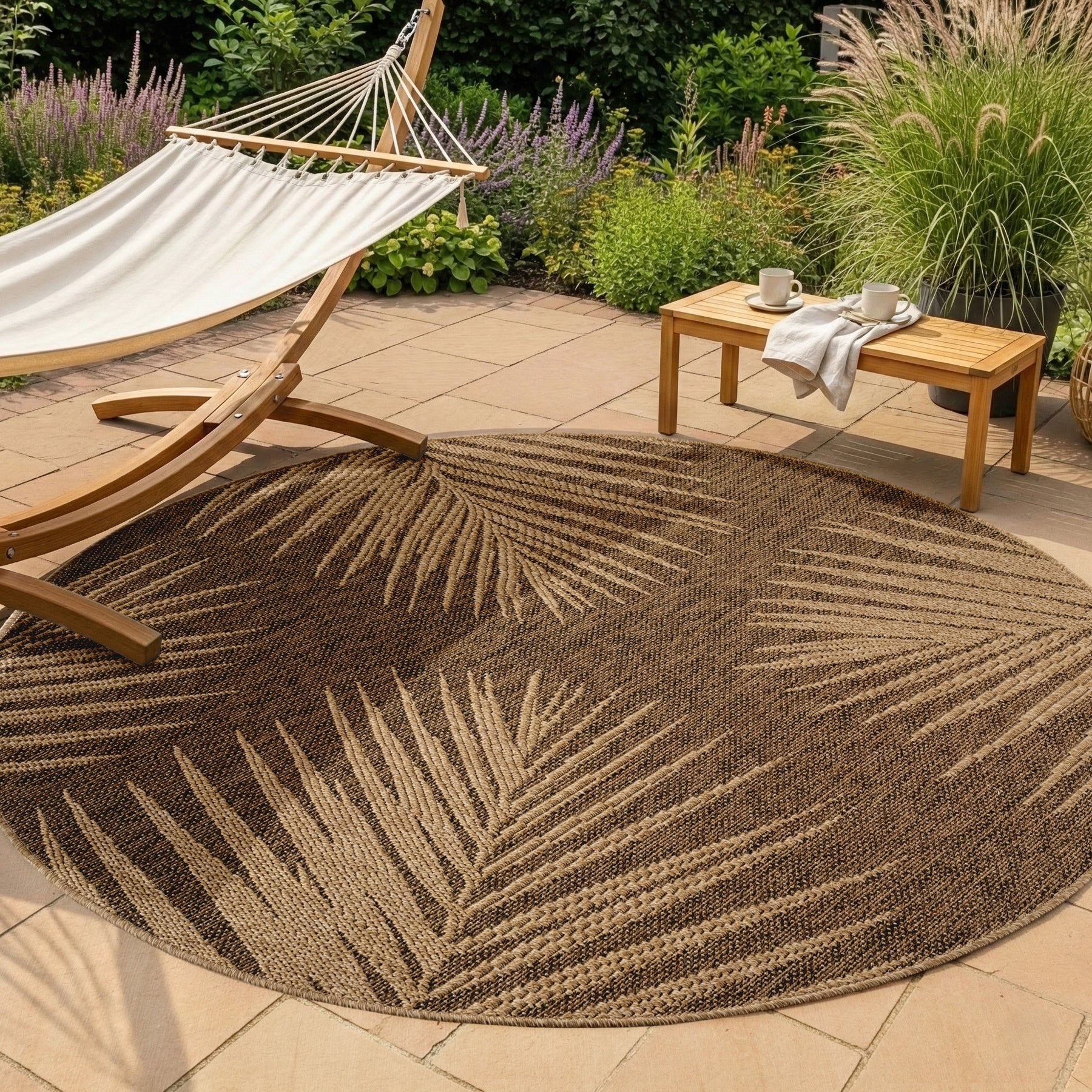 Timber Floral Rond Buitenkleed – Jute Look – Weerbestendig – Beige