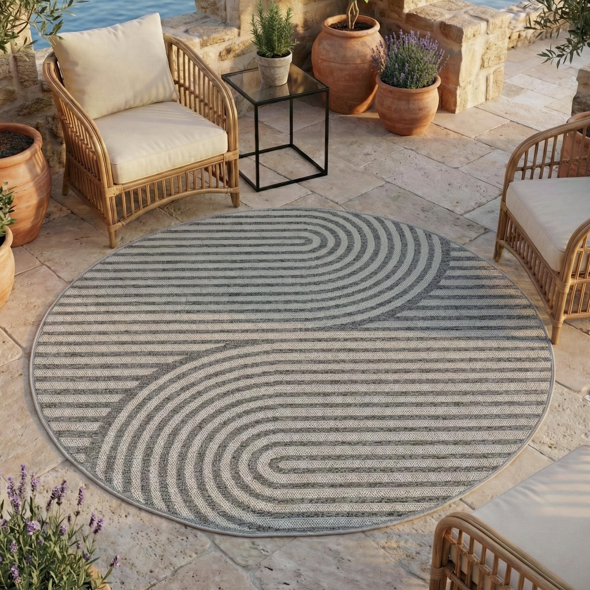 Desert Japandi Rond Buitenkleed – Weerbestendig – Grijs