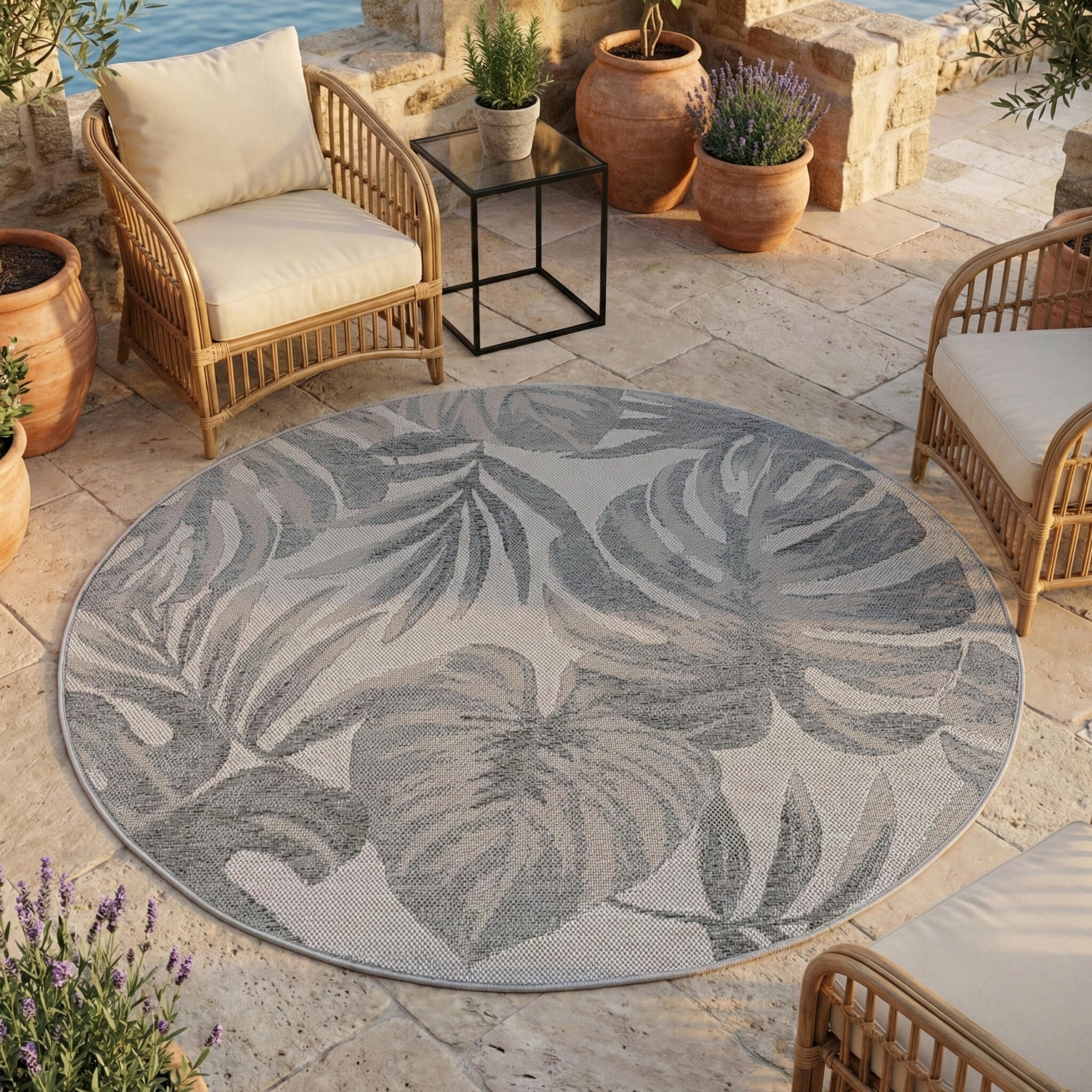 Desert Floral Rond Buitenkleed – Weerbestendig – Grijs