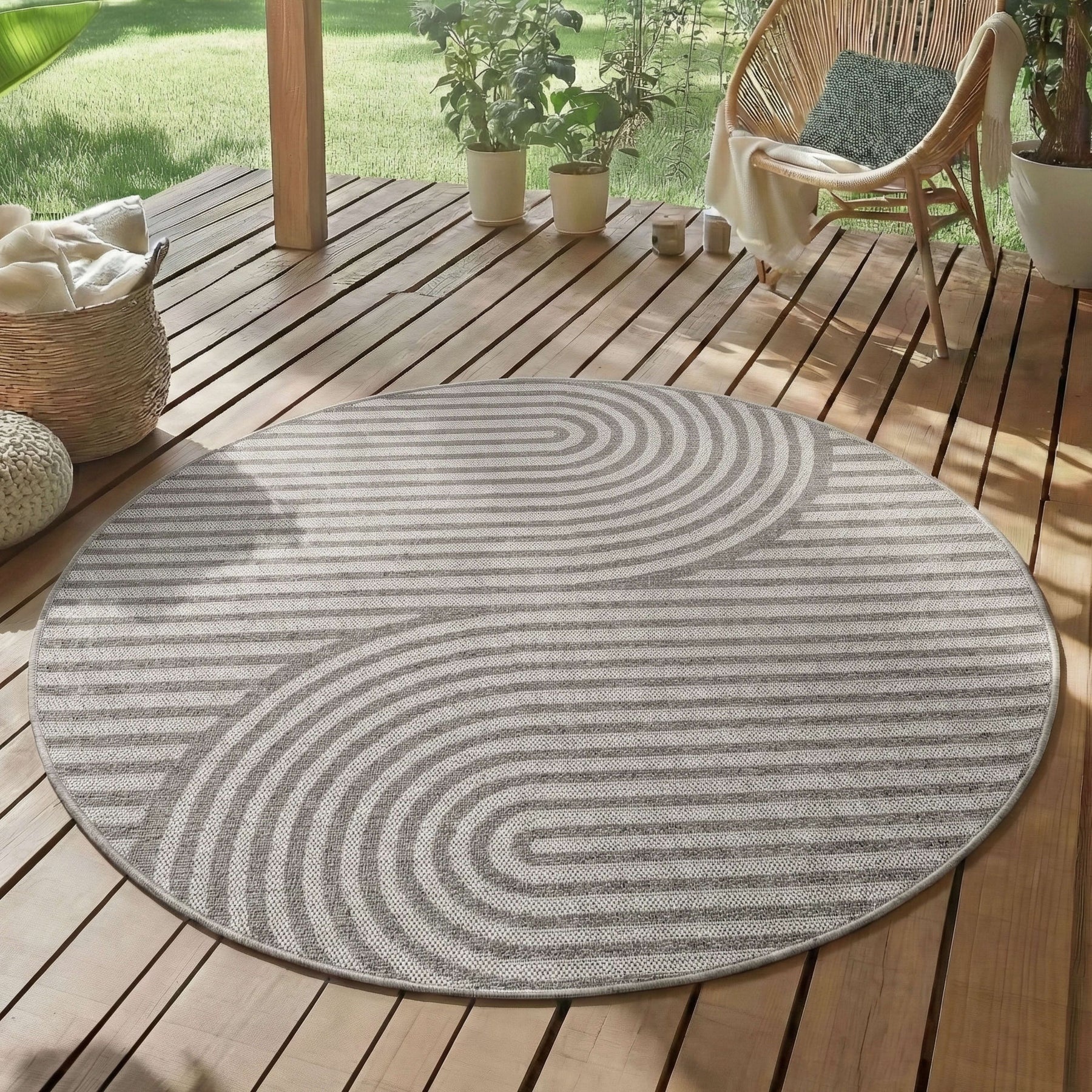 Desert Japandi Rond Buitenkleed – Weerbestendig – Grijs