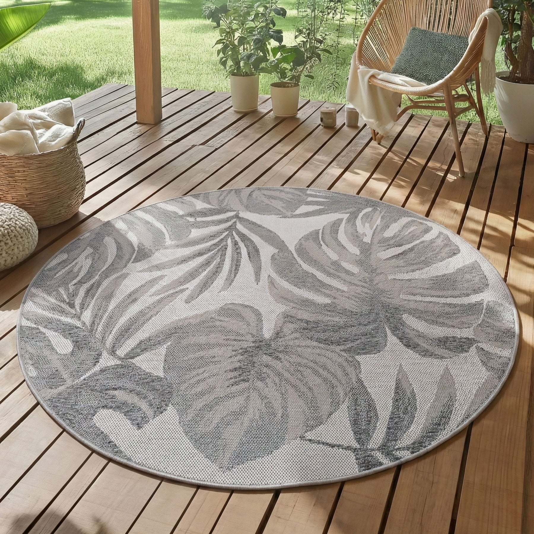 Desert Floral Rond Buitenkleed – Weerbestendig – Grijs