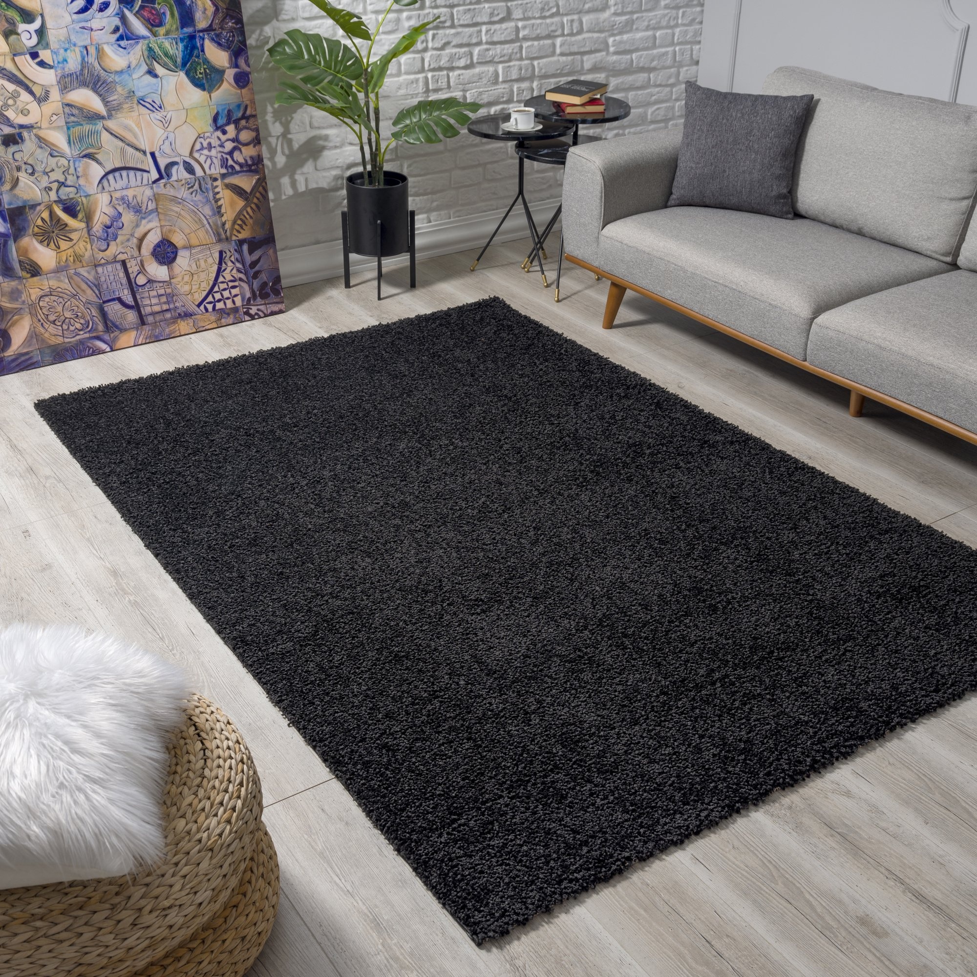 Loca Shaggy Vloerkleed – Modern Uni Effen – Zwart Hoogpolig & Zacht