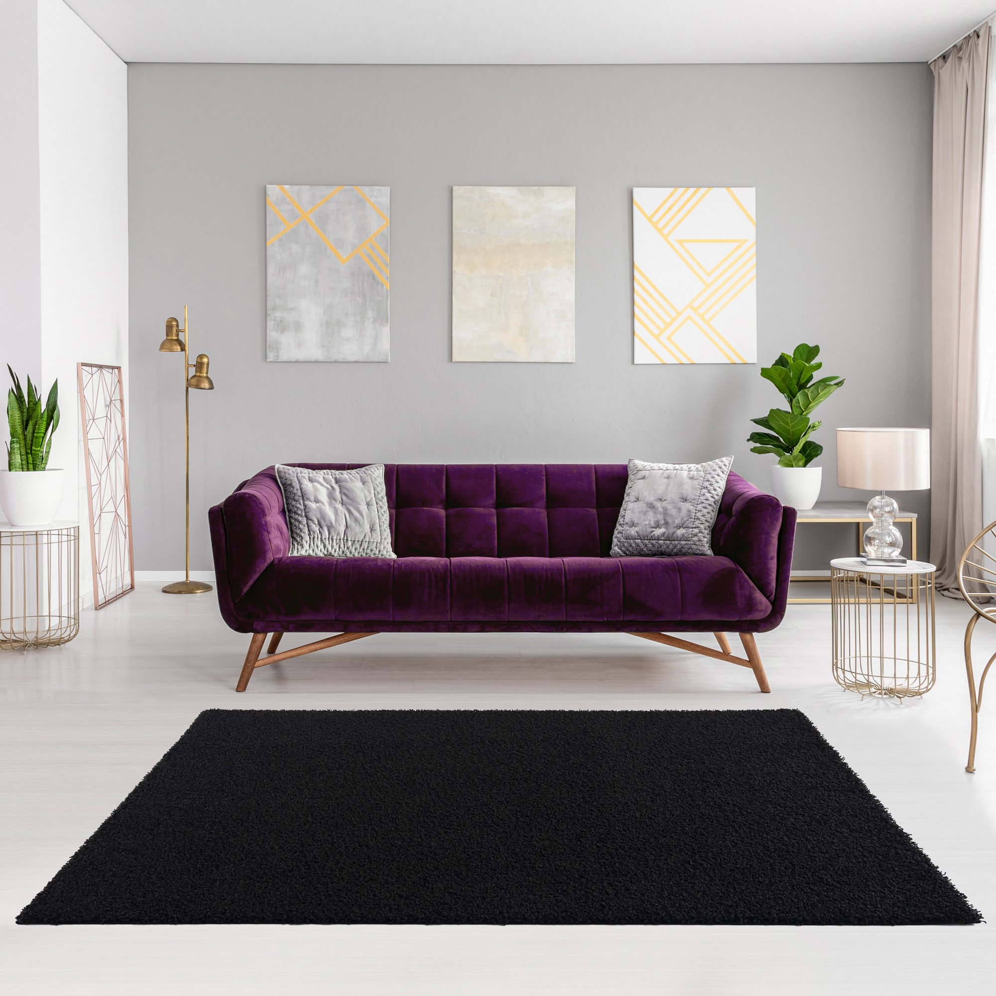 Loca Shaggy Vierkant Vloerkleed Uni Effen Hoogpolig Zwart