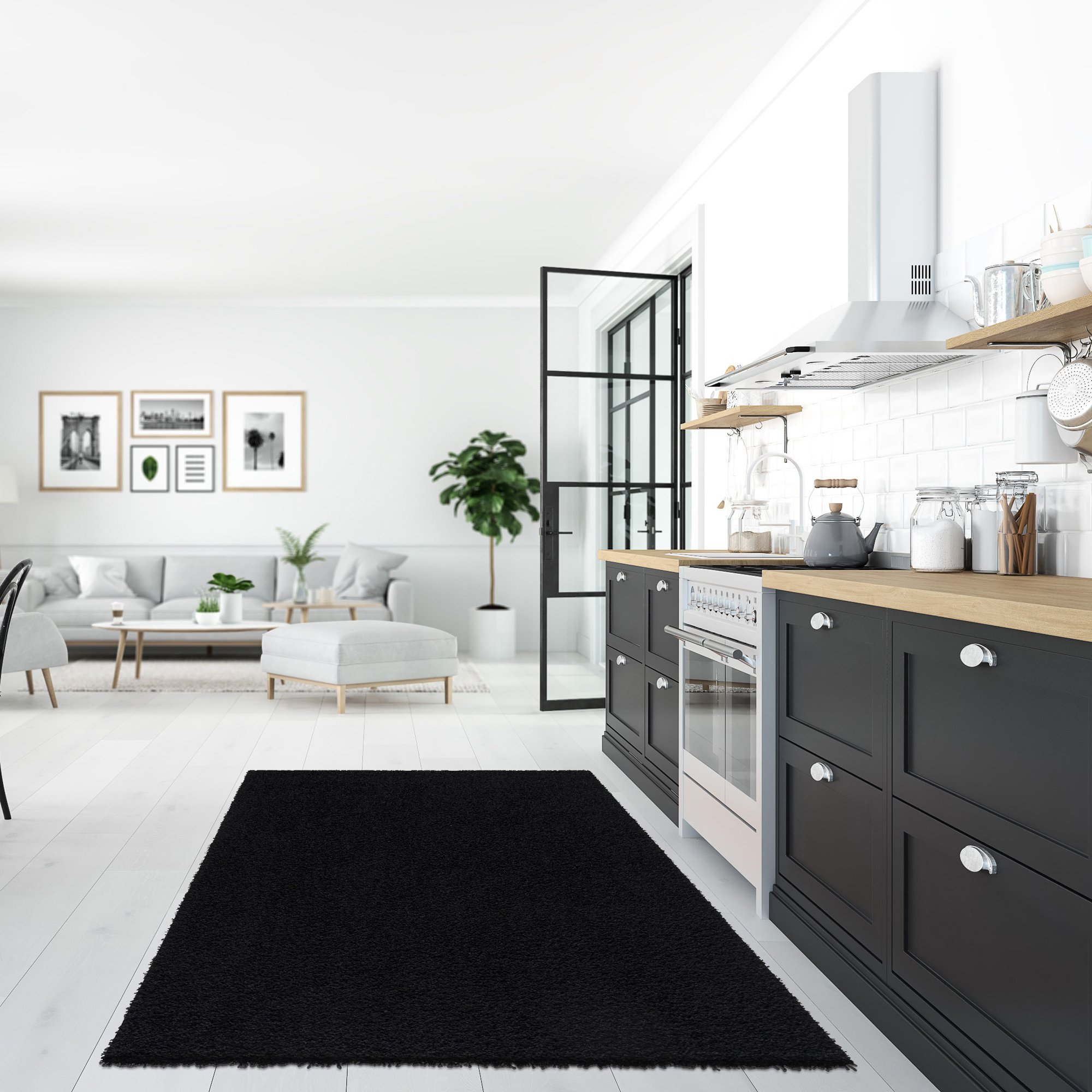 Loca Shaggy Vierkant Vloerkleed Uni Effen Hoogpolig Zwart