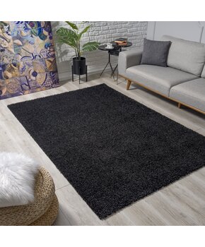Loca Shaggy Vierkant Vloerkleed Uni Effen Hoogpolig Zwart