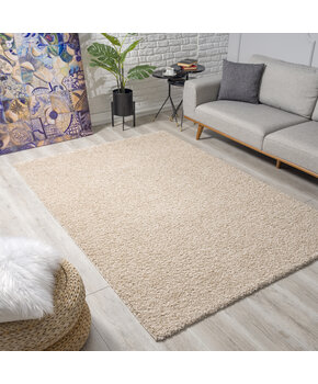 Loca Shaggy Vierkant Vloerkleed Uni Effen Hoogpolig Beige