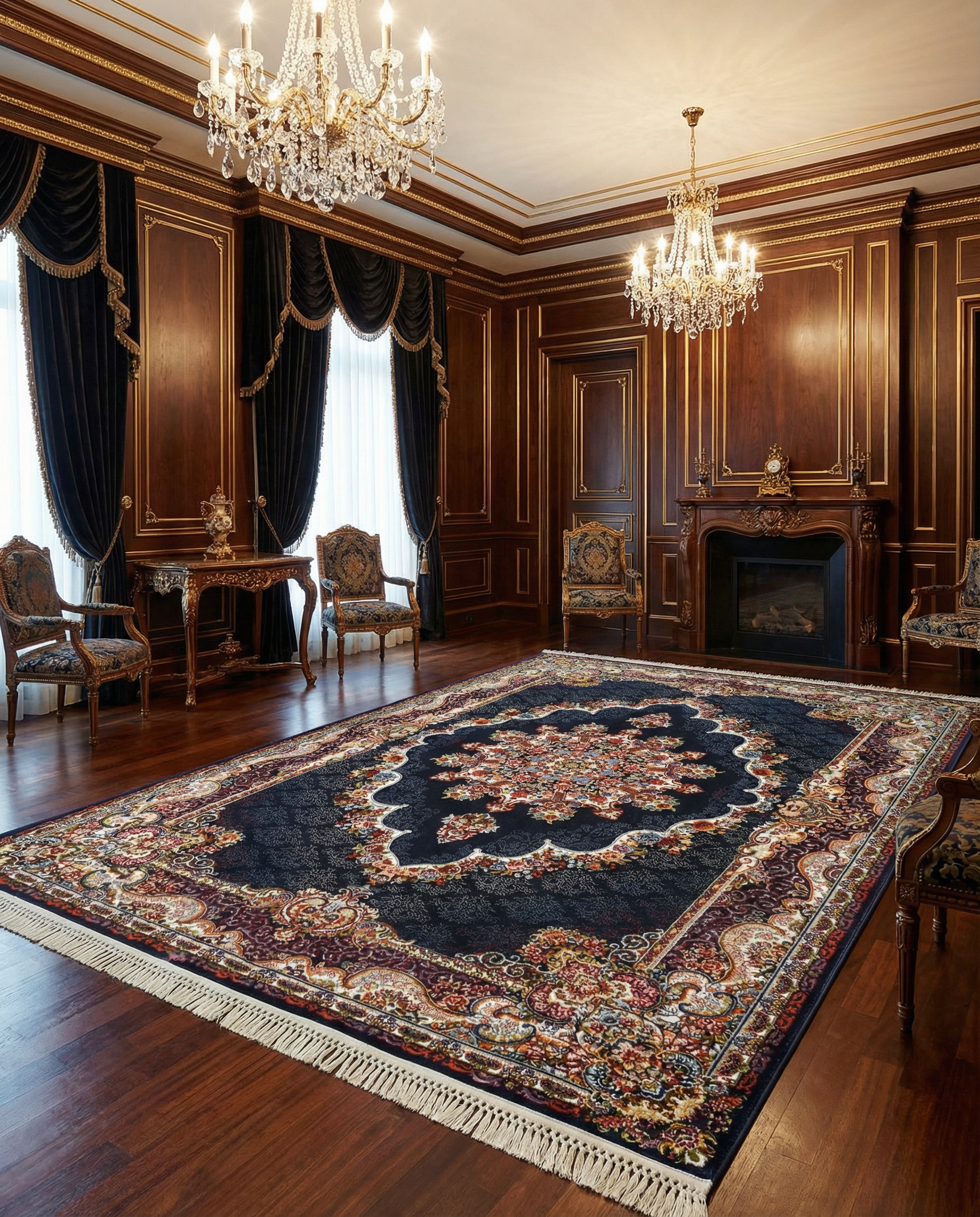 Isfahan Vierkant Oosters Vloerkleed Klassiek Vintage Tapijt Blauw Navy