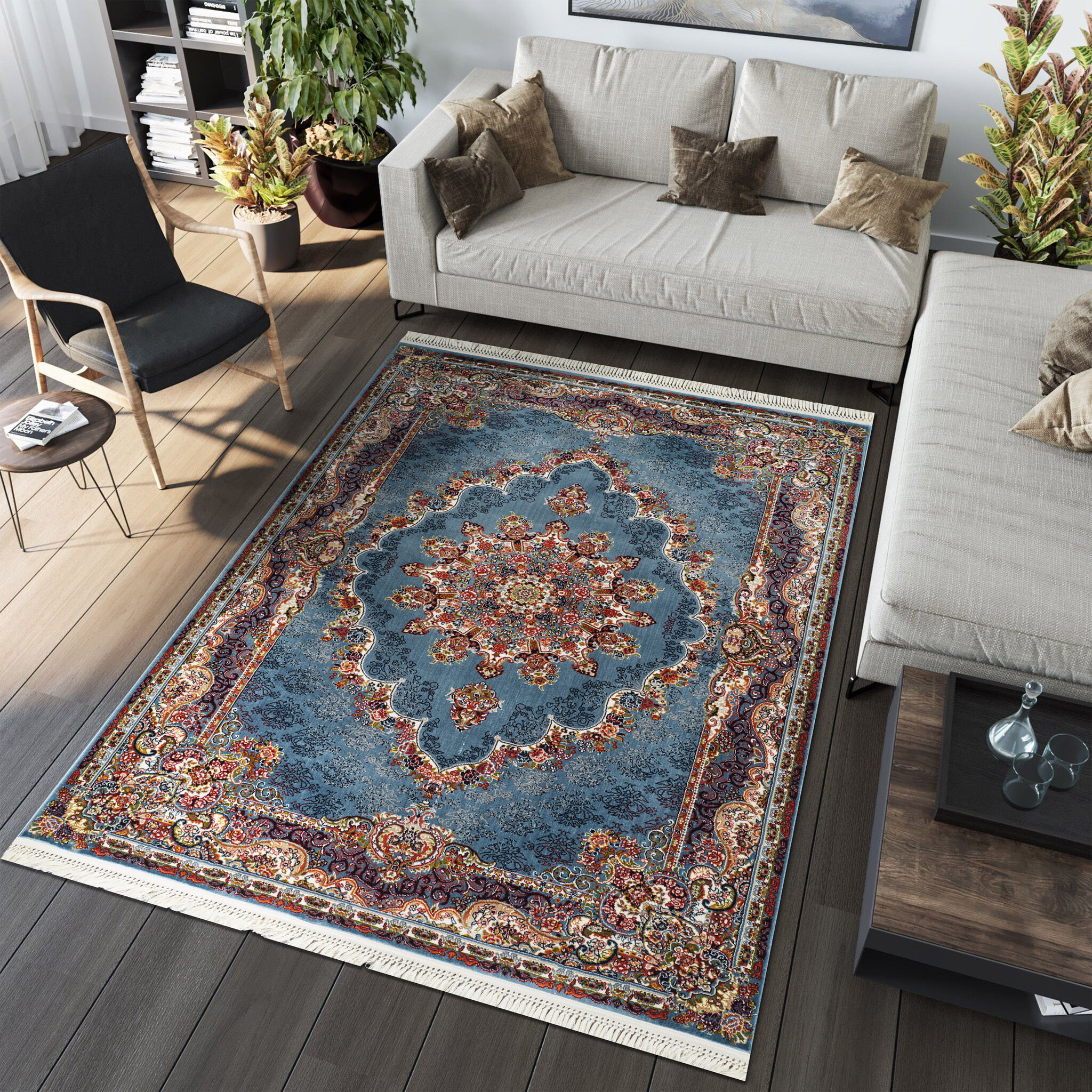 Isfahan Vierkant Oosters Vloerkleed Klassiek Vintage Tapijt Blauw