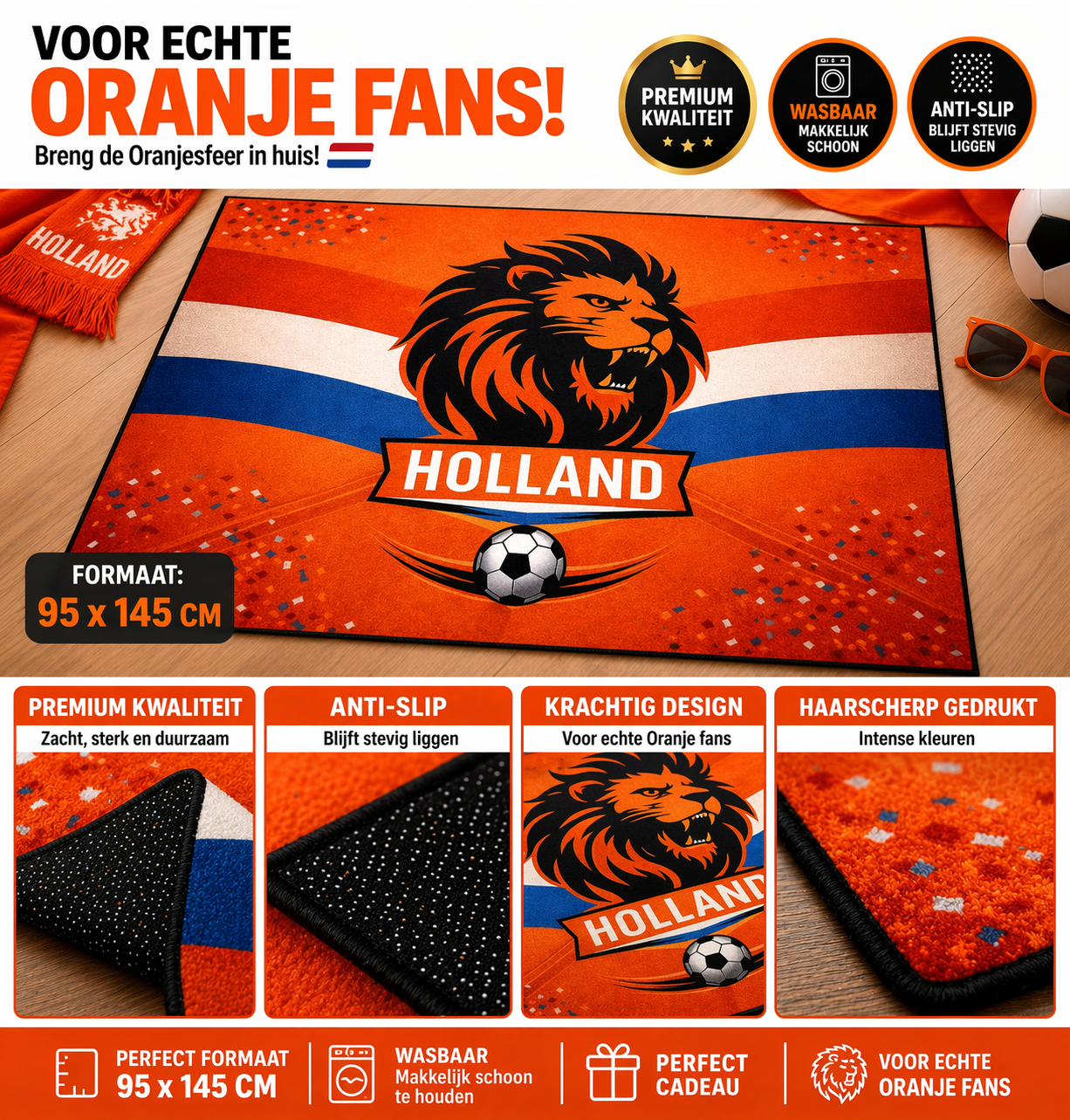 Oranje Vloerkleed – Holland Leeuw Design – Wasbaar & Anti-Slip – Voor Binnen & Buiten – WK Voetbal Fans