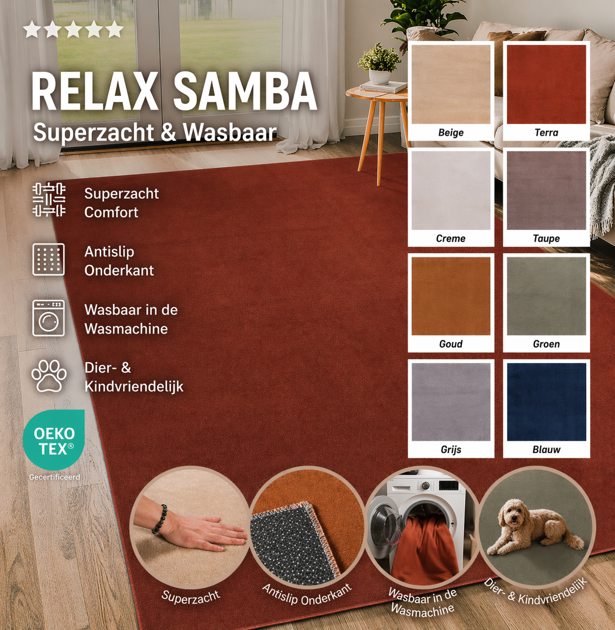 Relax Samba Rond - Wasbaar Effen Vloerkleed - Uni Tapijt - Terra