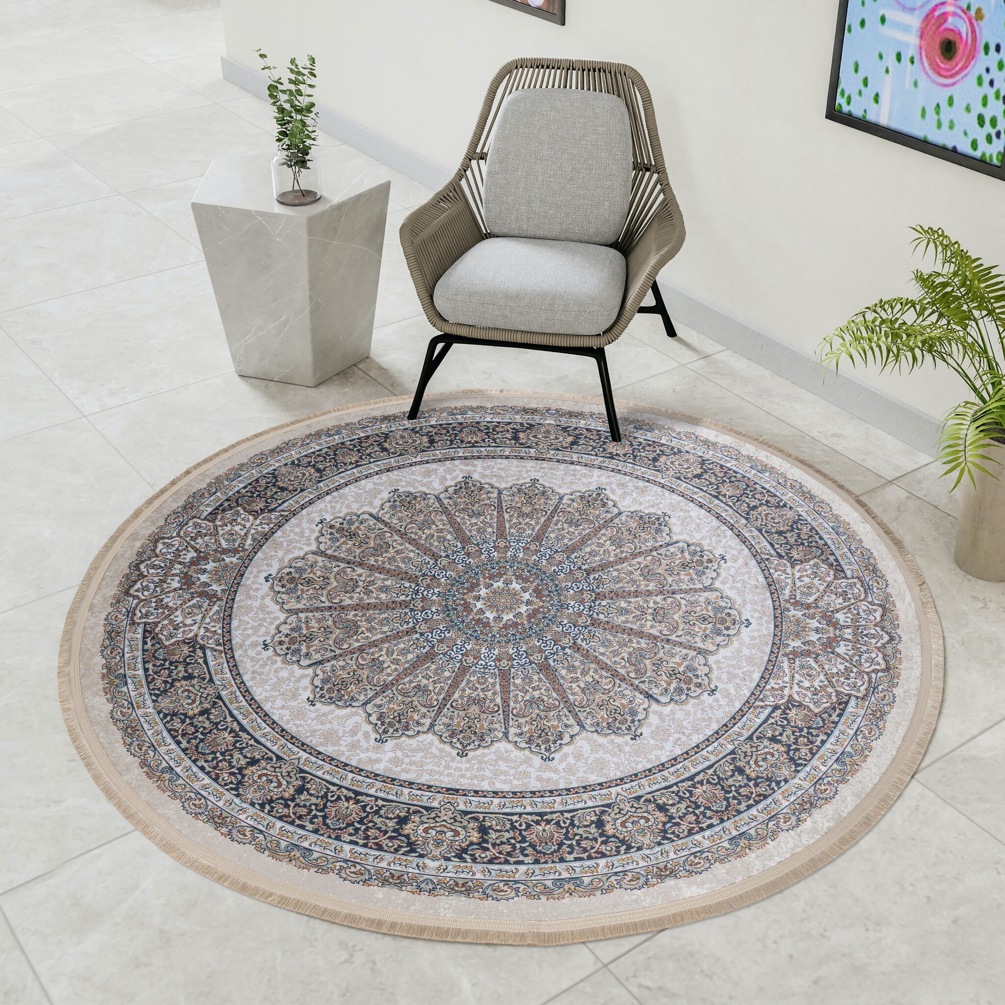 Star Rond Klassiek Oosters Vloerkleed Wasbaar Creme