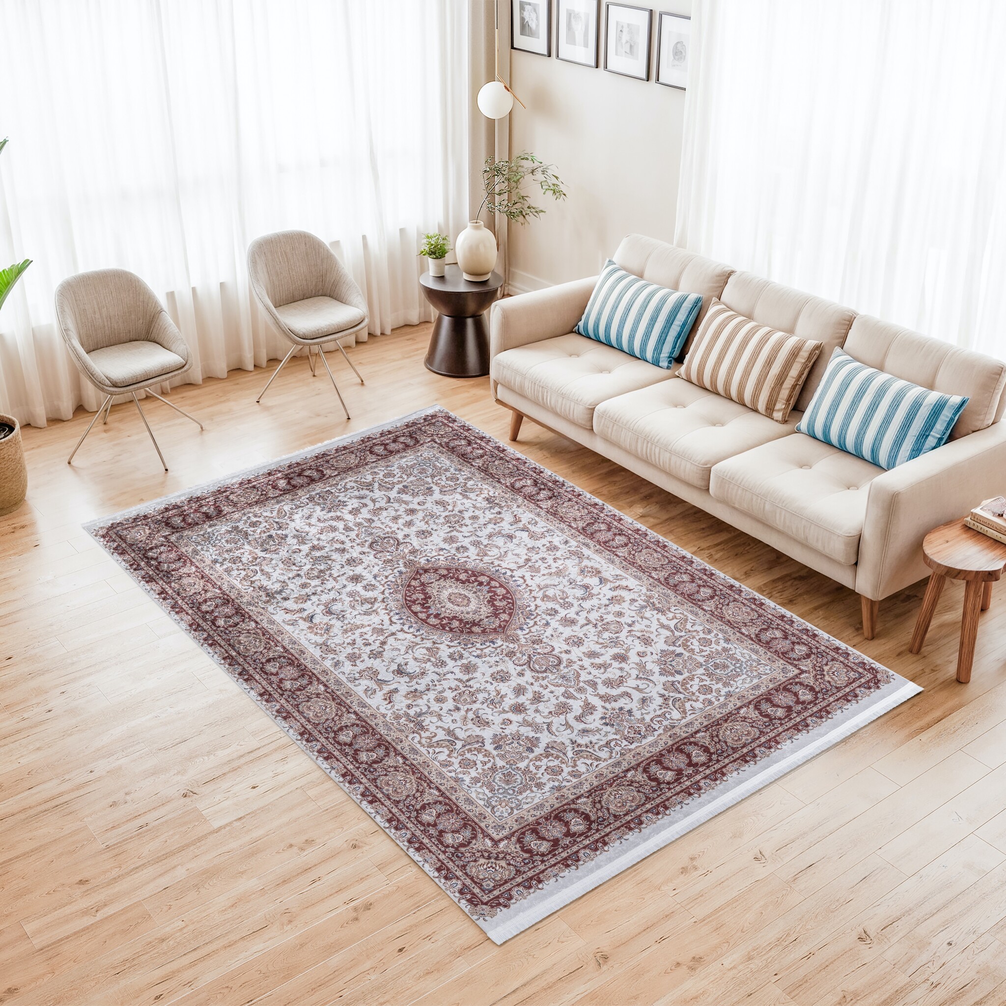 Star Klassiek Oosters Vloerkleed Wasbaar Anti Slip Creme Rood