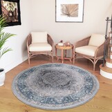 Star Rond Klassiek Oosters Vloerkleed Wasbaar Grijs Blauw