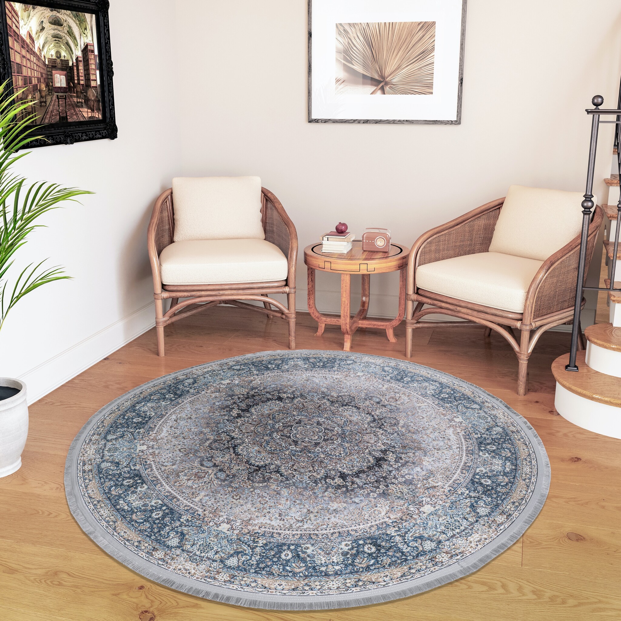 Star Rond Klassiek Oosters Vloerkleed Wasbaar Grijs Blauw