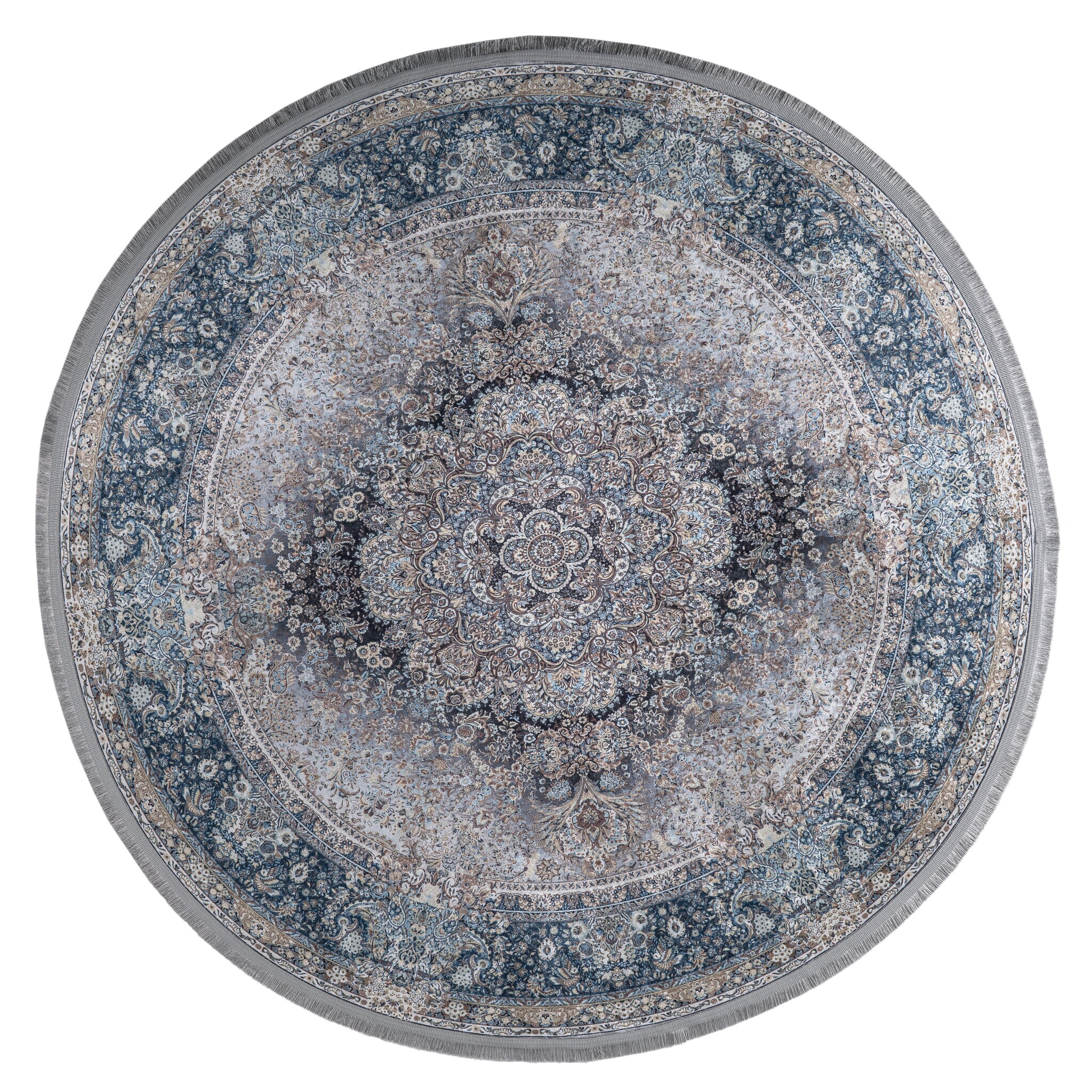 Star Rond Klassiek Oosters Vloerkleed Wasbaar Grijs Blauw