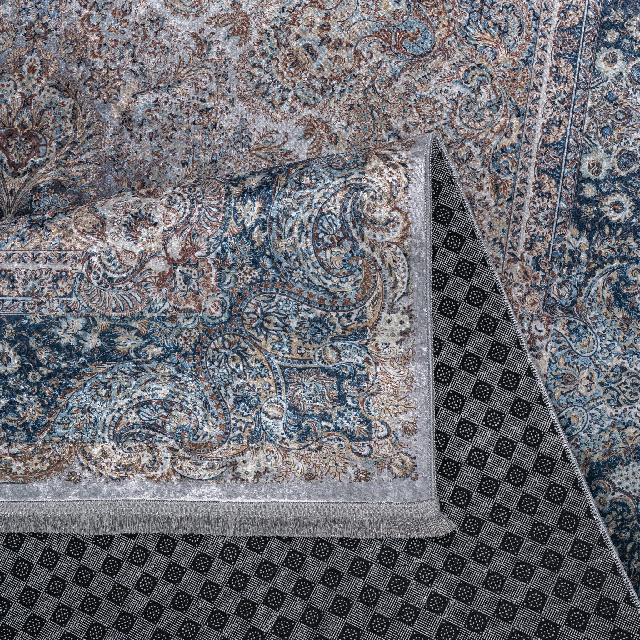 Star Rond Klassiek Oosters Vloerkleed Wasbaar Grijs Blauw