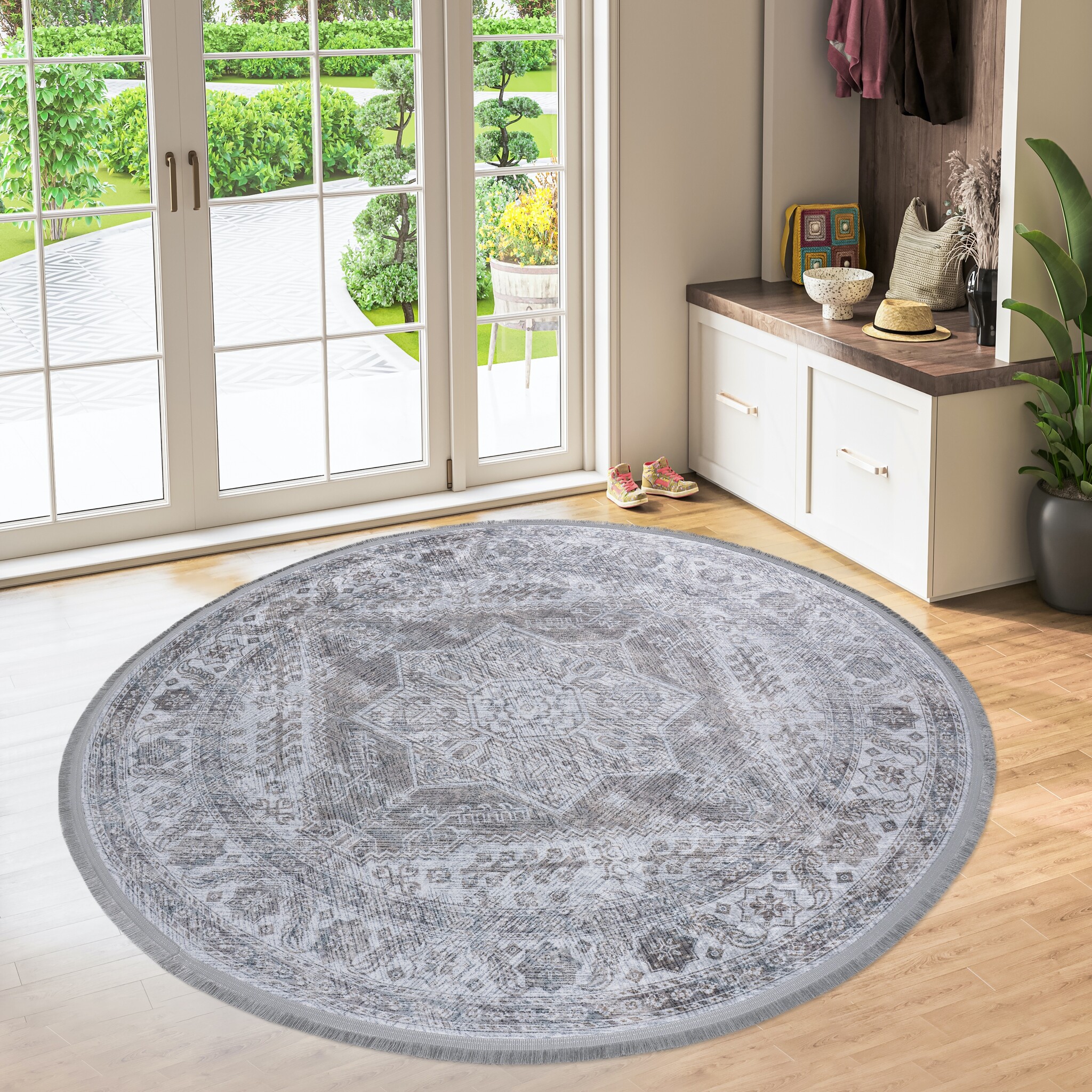Star Rond Vintage Vloerkleed Wasbaar Grijs Beige