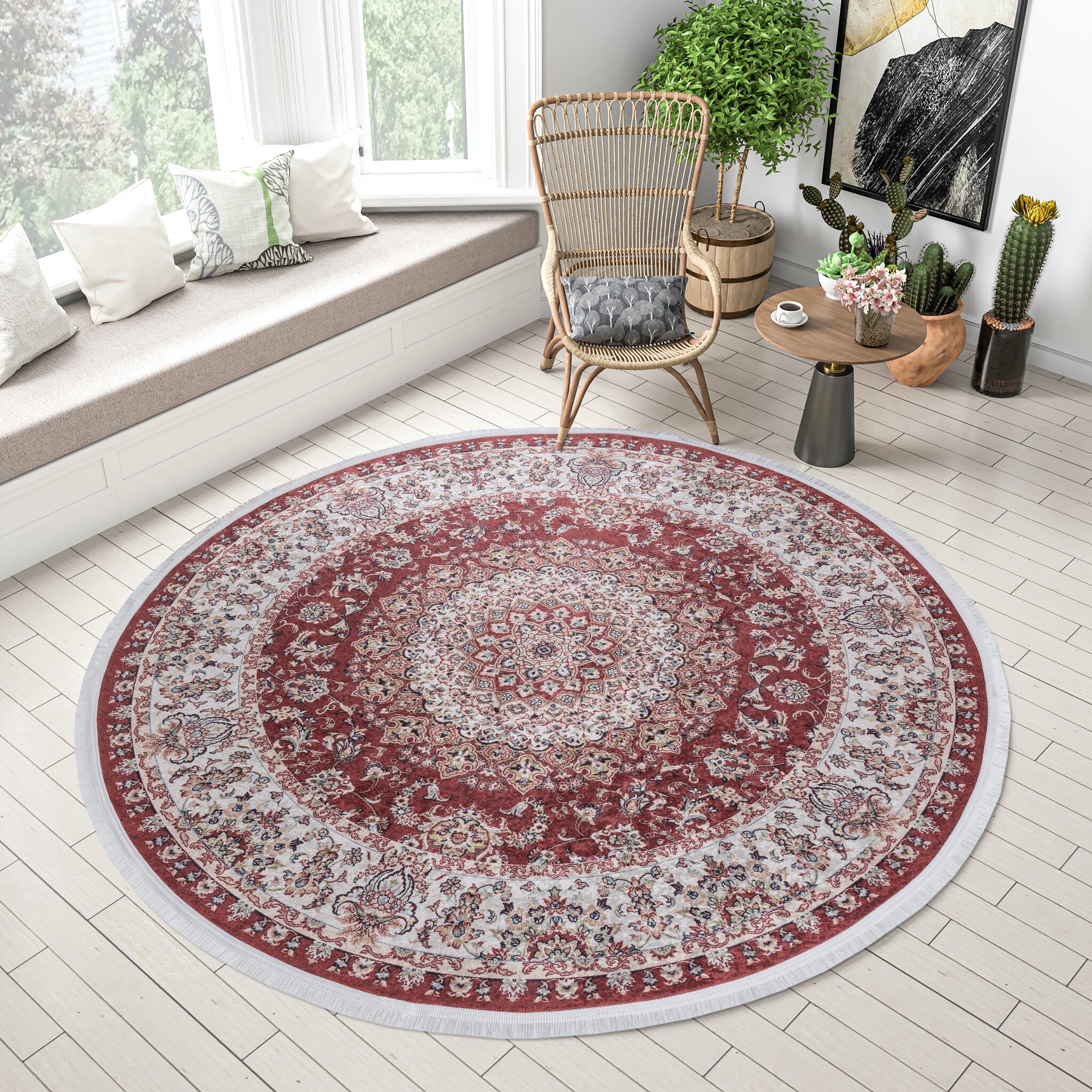 Star Rond Klassiek Oosters Vloerkleed Wasbaar Rood Creme