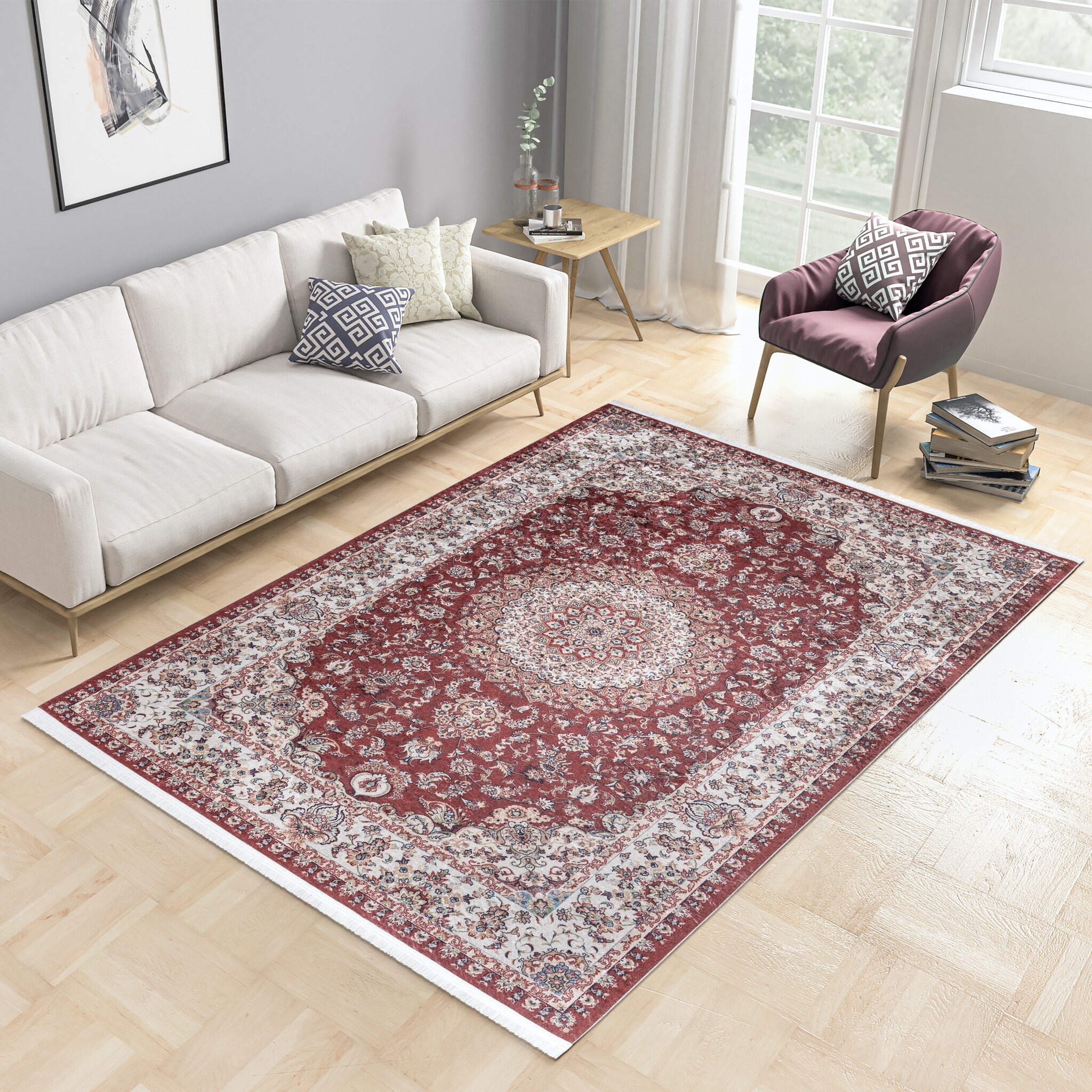 Star Klassiek Oosters Vloerkleed Wasbaar Anti Slip Rood Creme