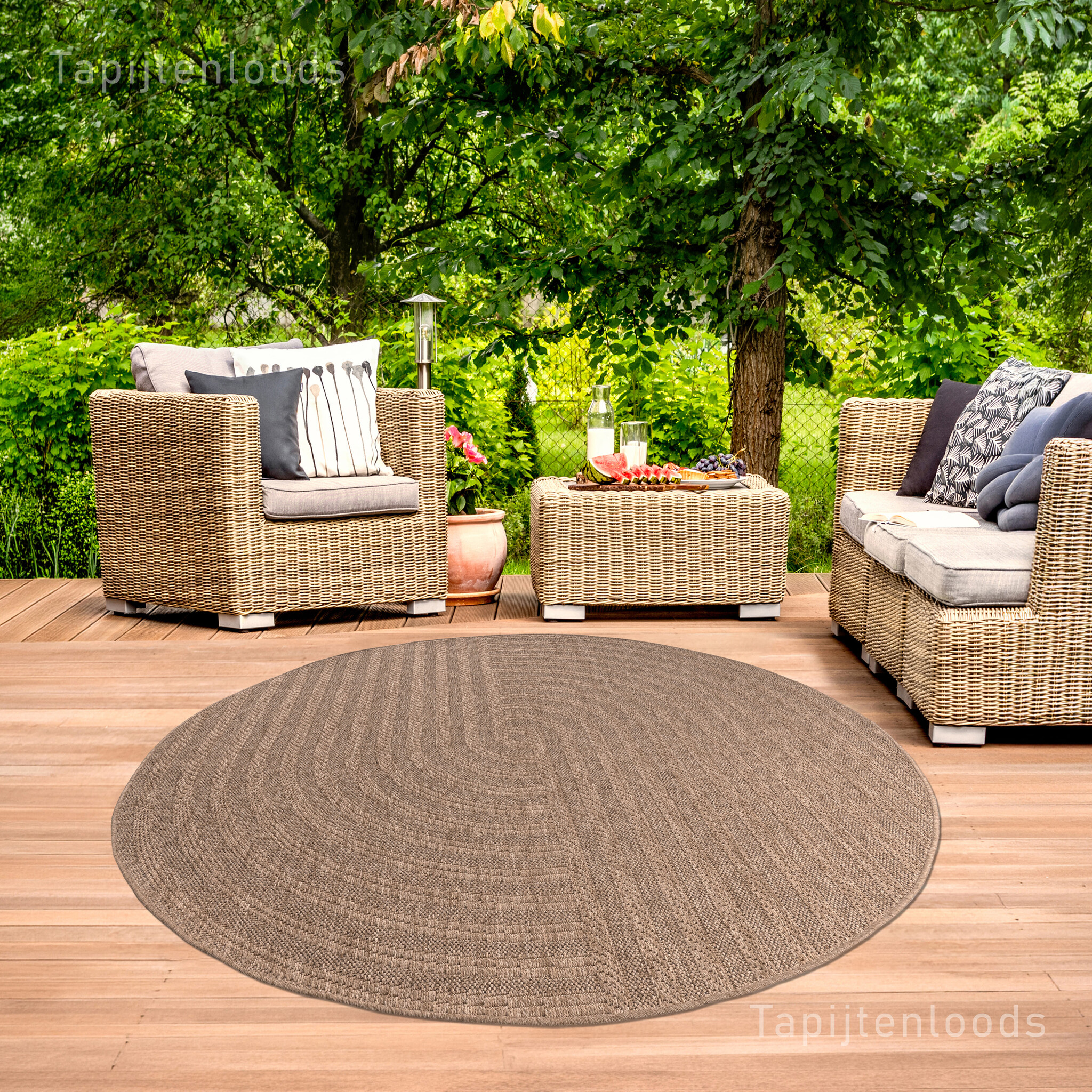 Sahara Japandi Rond Buitenkleed Jute-Look Weerbestendig Vloerkleed Beige Zwart