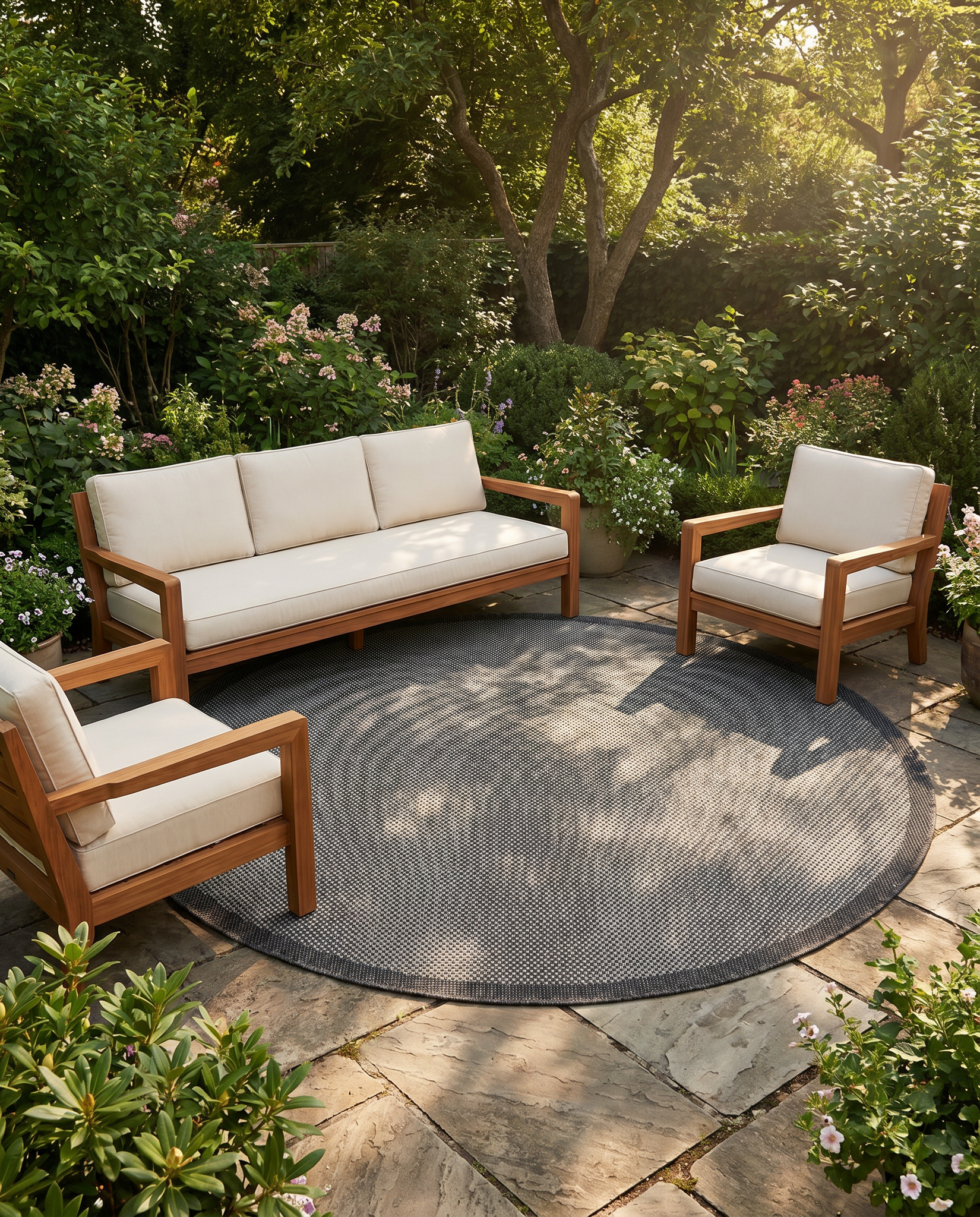 Buitenkleed - Brussels Rond Uni Effen Kader Zwart