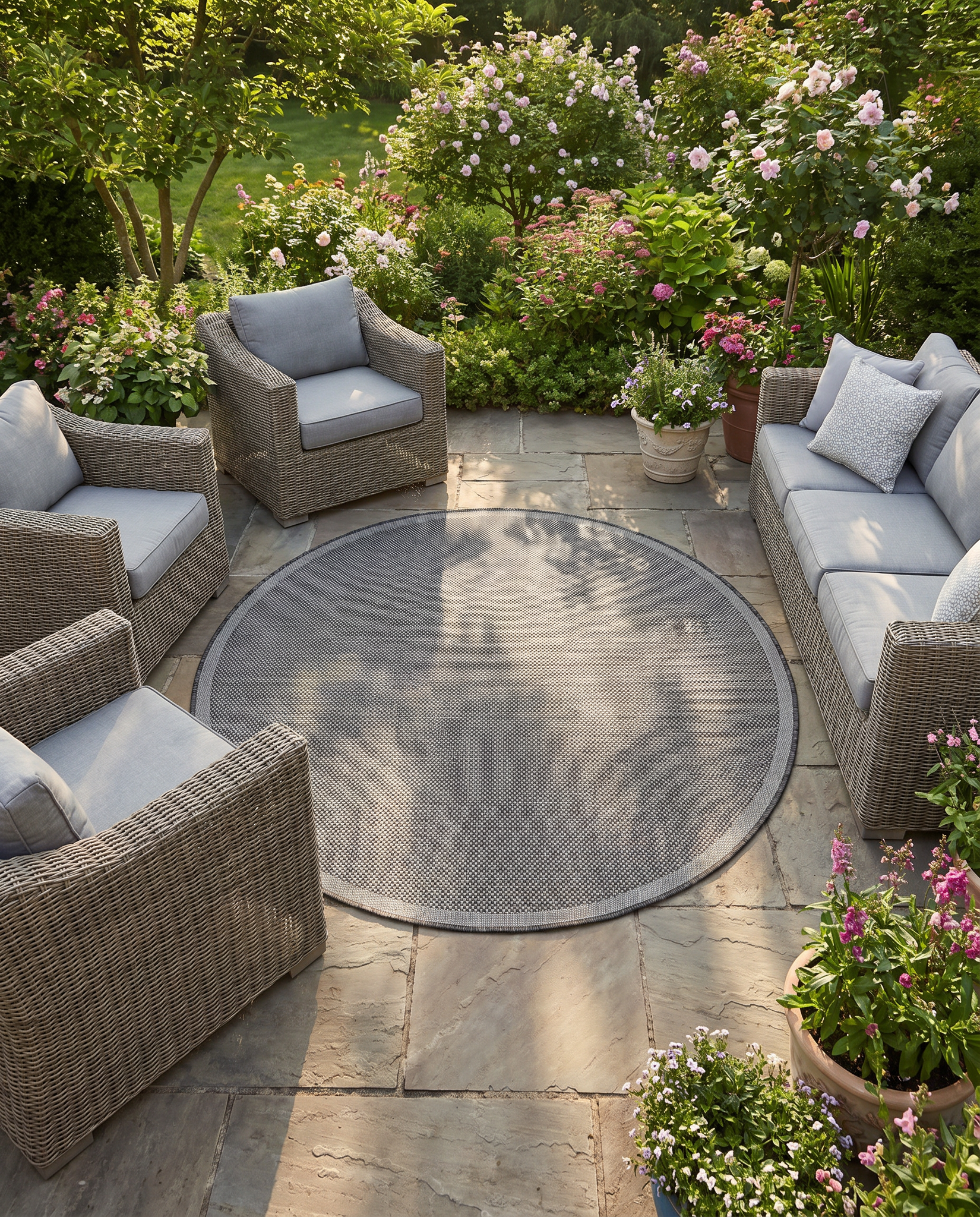 Buitenkleed - Brussels Rond Uni Effen Kader Zwart