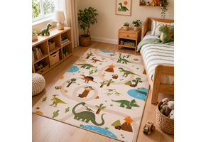 Kinderkleed Dino - Vloerkleed Kinderkamer Anti-slip Groen Beige