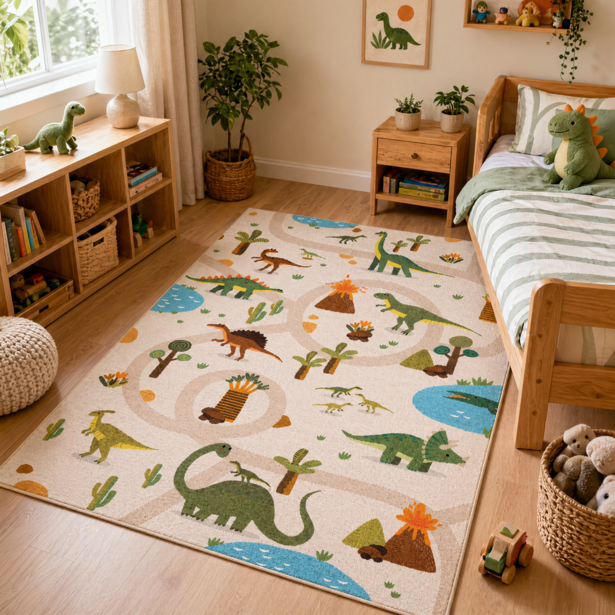 Kinderkleed Dino - Vloerkleed Kinderkamer Anti-slip Groen Beige